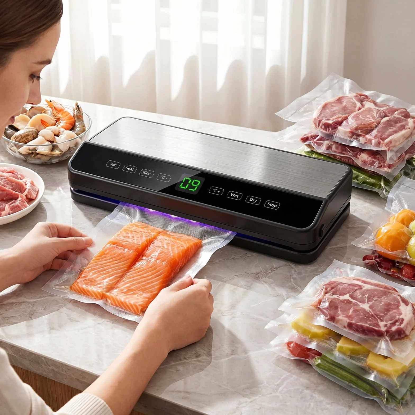 Machine Sous Vide Alimentaire Automatique, Appareil Professionnel avec Cutter Intégré, 20 Sacs, 1 Sac Enroulable et Tube