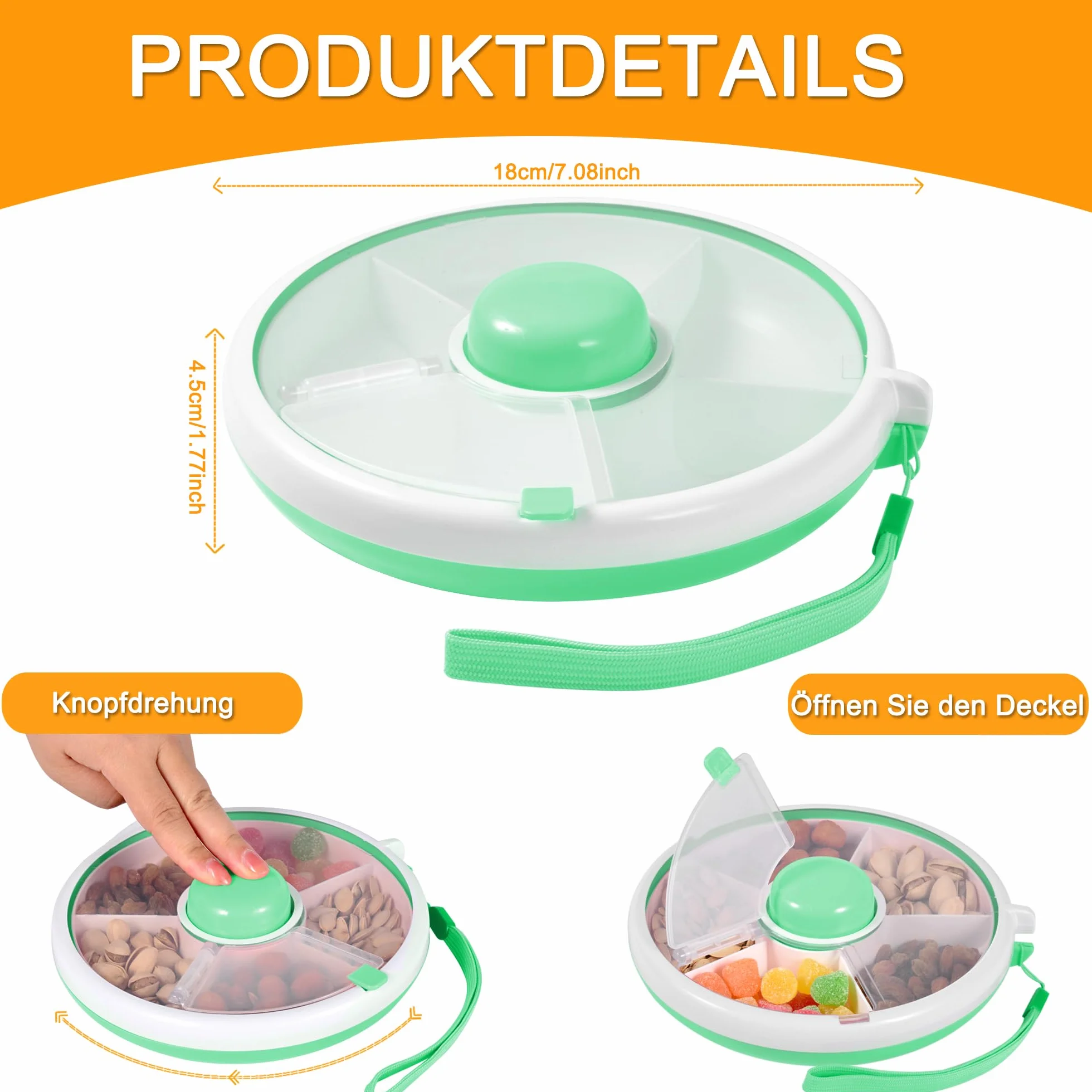 Snack Spinner Boîte à goûter enfant compartiments ronds réutilisables Organisateur collations melon bonbons graines fruits
