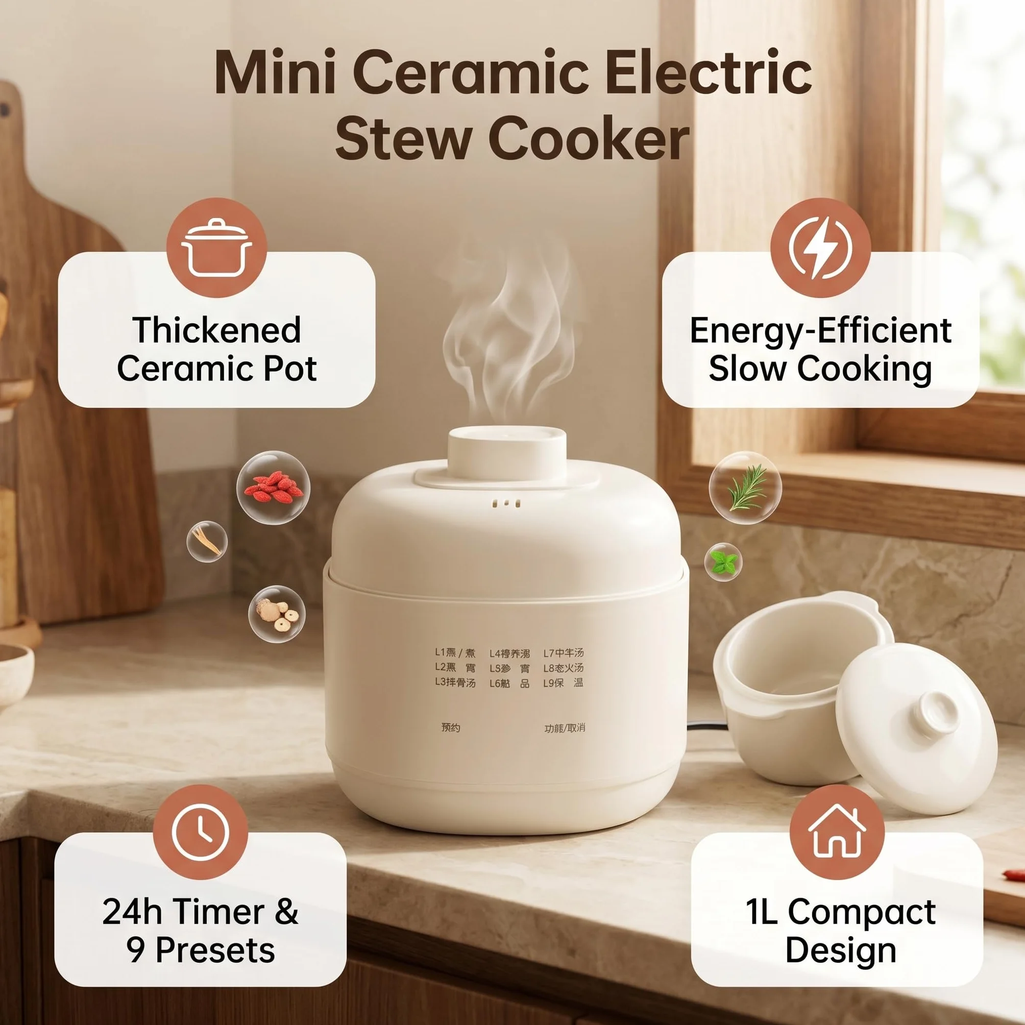 Cuiseur à Soupe en Céramique 1 L avec Maintien au Chaud, Protection Surchauffe, Faitout Électrique