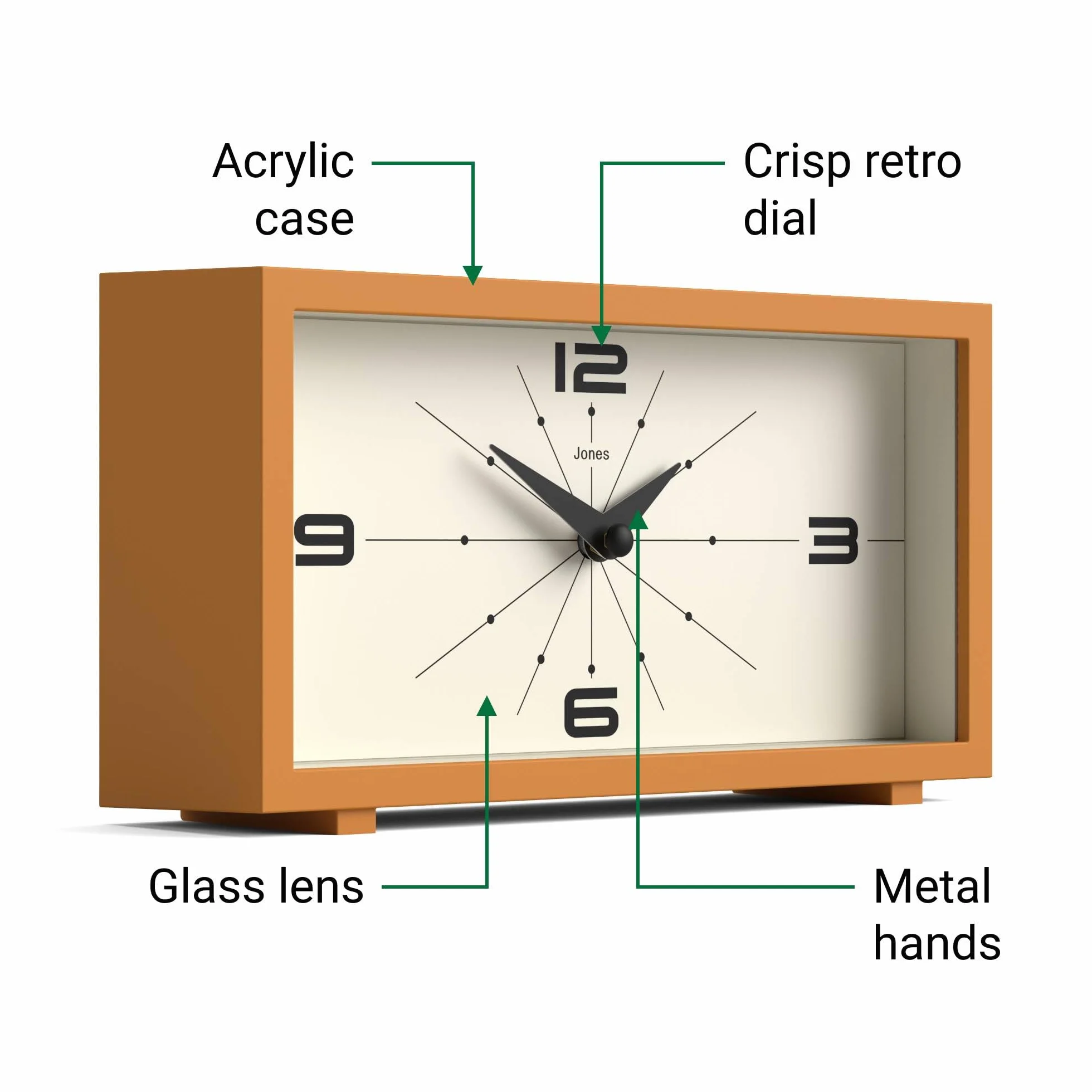 JONES CLOCKS® Odeon Horloge de Bureau Jaune Moutarde Design rectangulaire Moderne Style rétro
