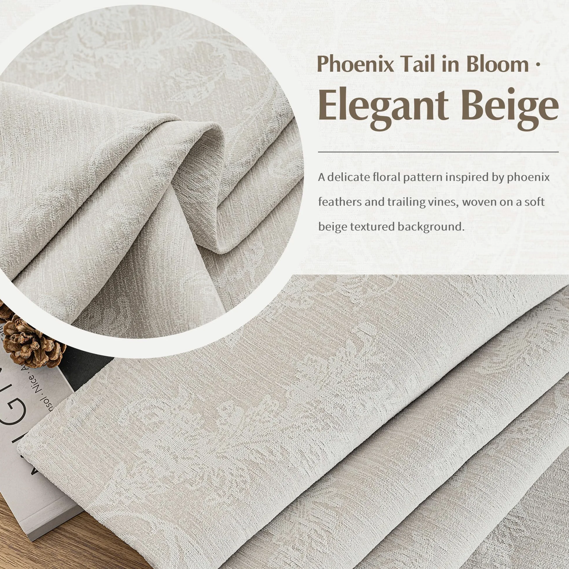 Fmfunctex Lot de 2 rideaux occultants en tissu chenille à œillets pour salon et chambre à coucher Motif floral beige 229 cm