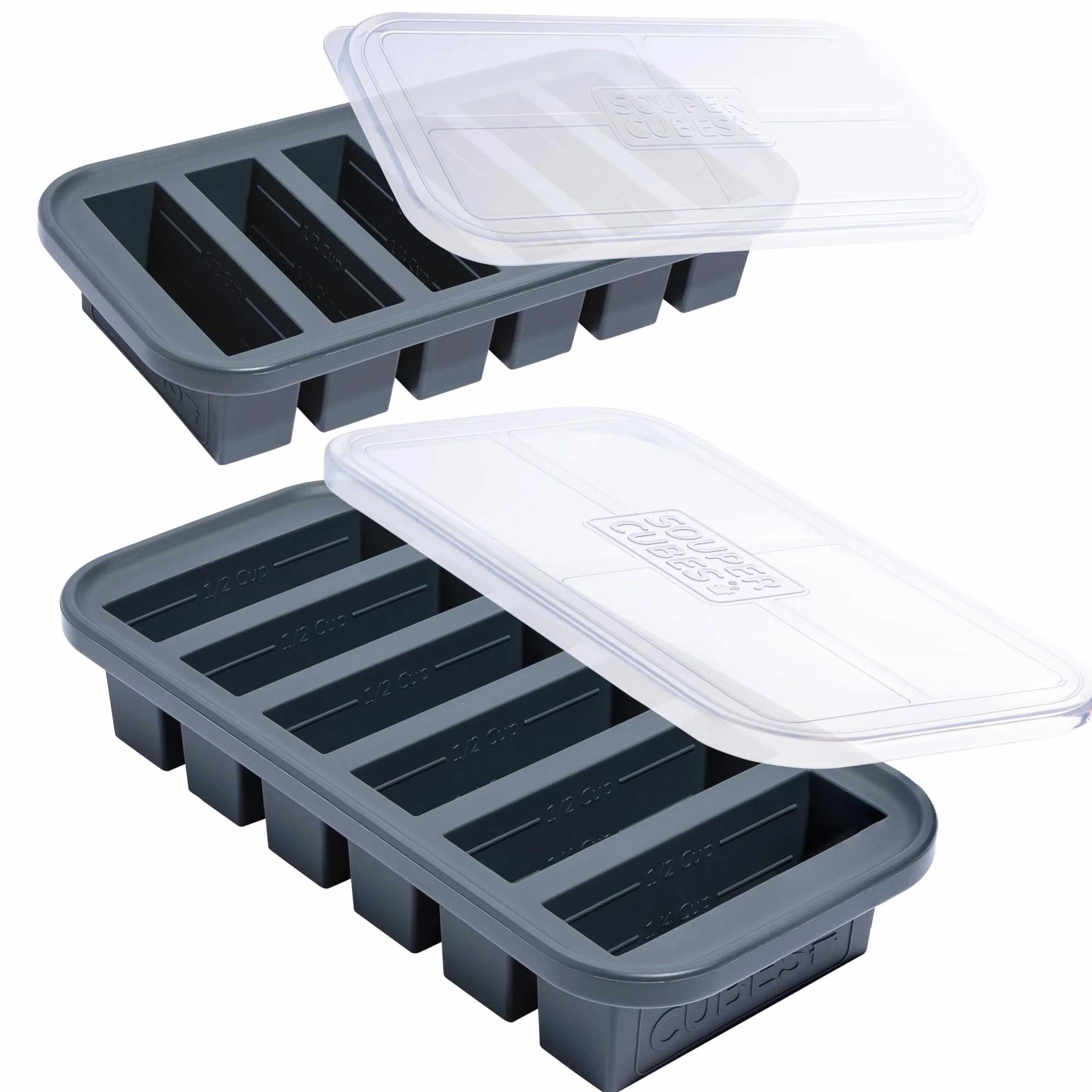 Souper Cubes Lot de 2 plateaux de congélation avec couvercle, couleur anthracite, pour 12 portions parfaites de 1/2 tasse, pour congeler le pesto, la salsa, la sauce ou les aliments.