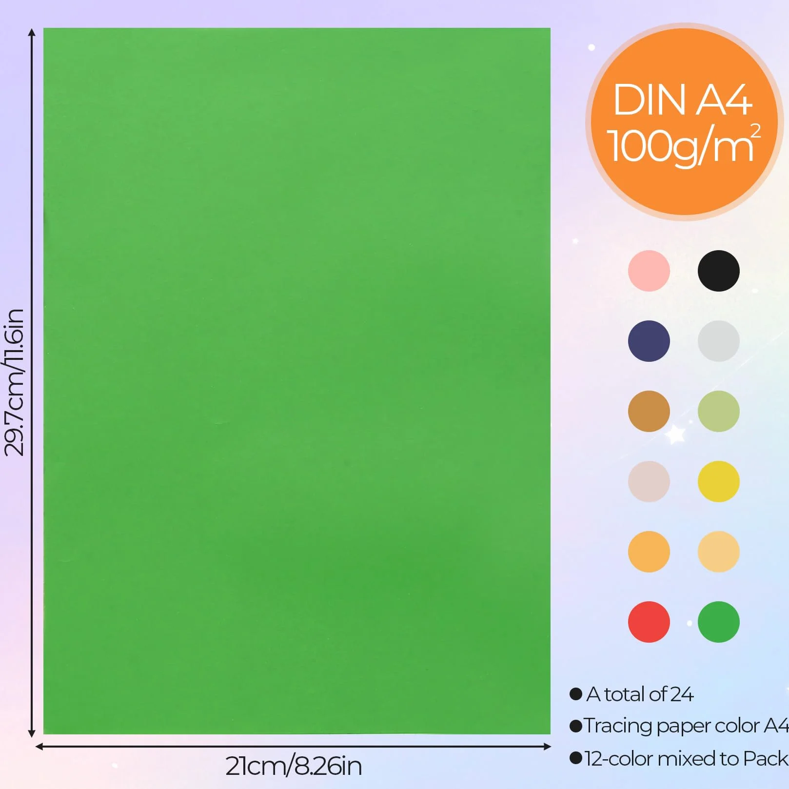 Papier Calque Coloré 24 Feuilles DIN A4 100 g/m² Transparent Imprimable pour Dessins