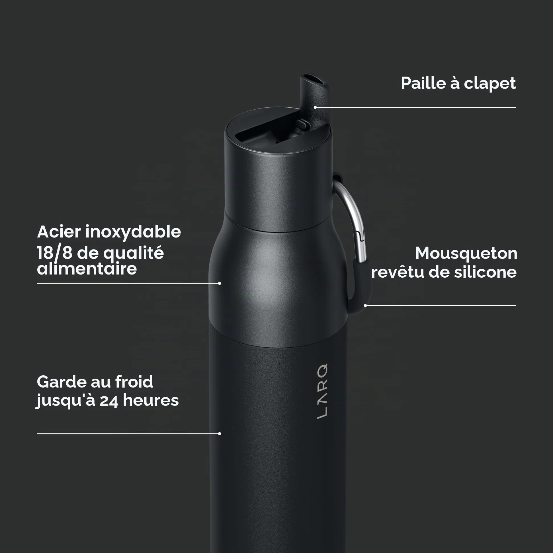 LARQ Bouteille Flip Top 740ml - Bouteille isolée en acier inoxydable | Thermos, sans BPA | Garde les boissons froides et chaudes, Obsidian Black