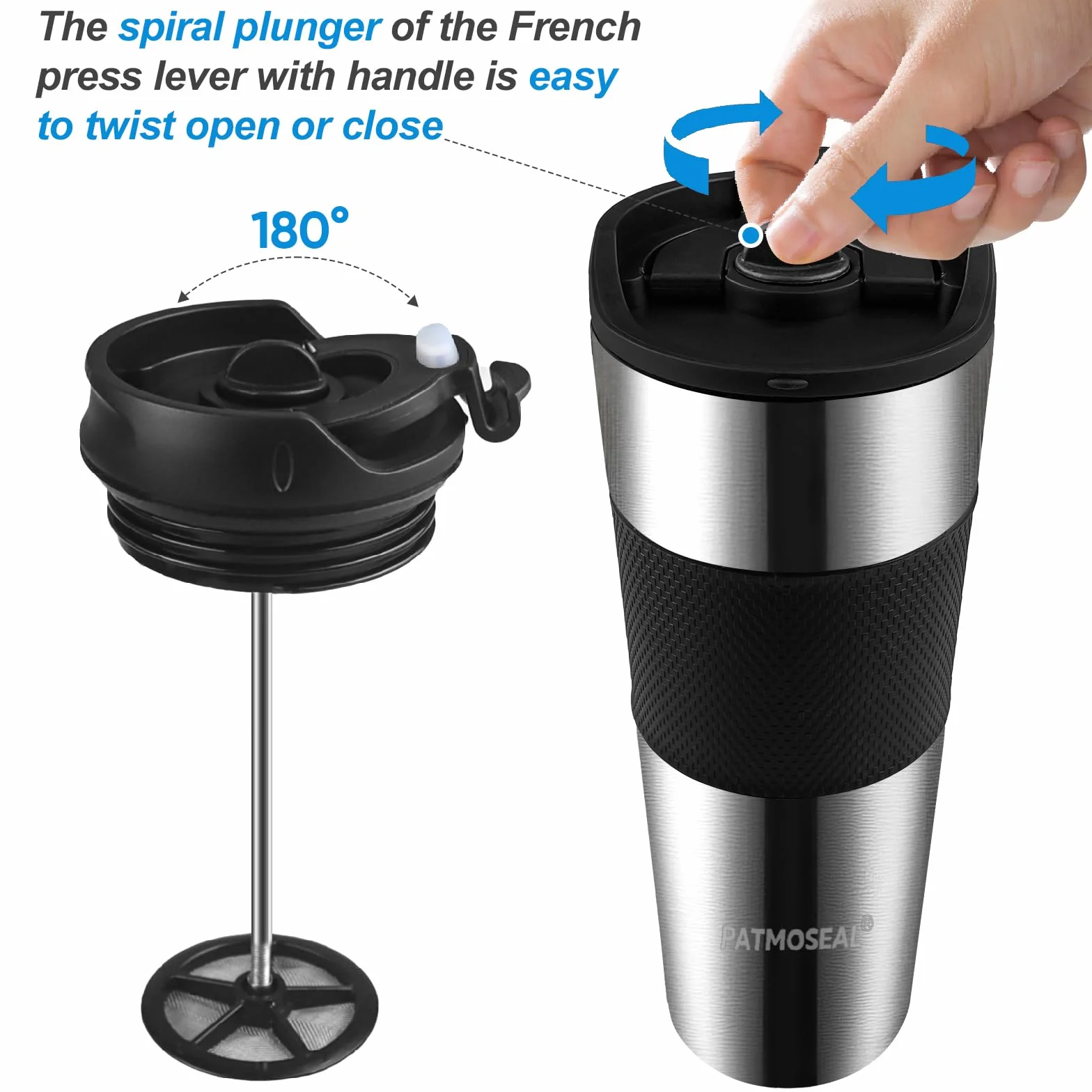 Tasse de voyage isotherme à piston étanche 450 ml argenté – Cafetière portable sous vide 3 tasses