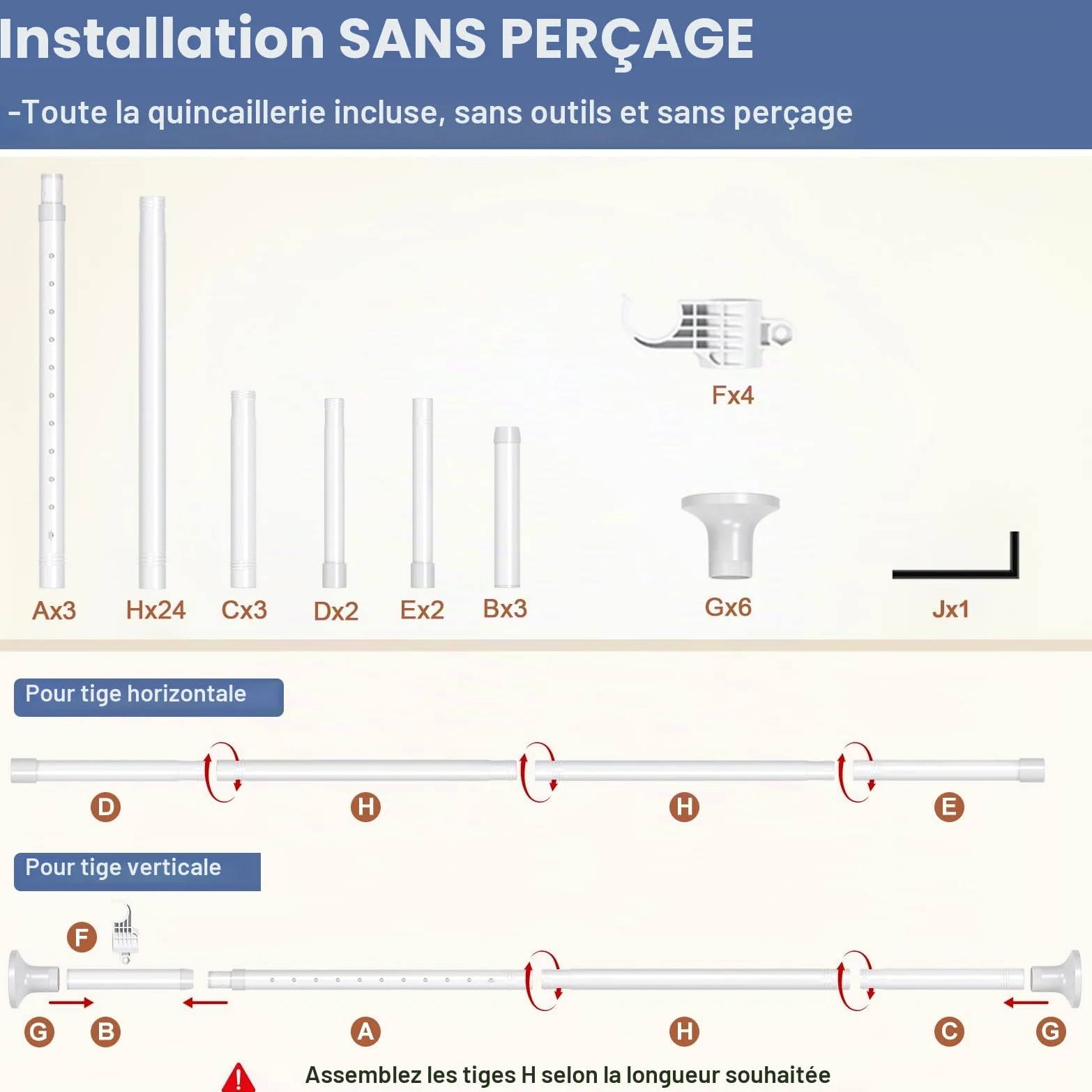 Tringle à rideaux sans perçage, 1,2 à 3 m (H) 71,1 à 289,6 cm (l) réglable et robuste – Séparateurs de pièce – Sans dommages pour cloison d'espace – Blanc
