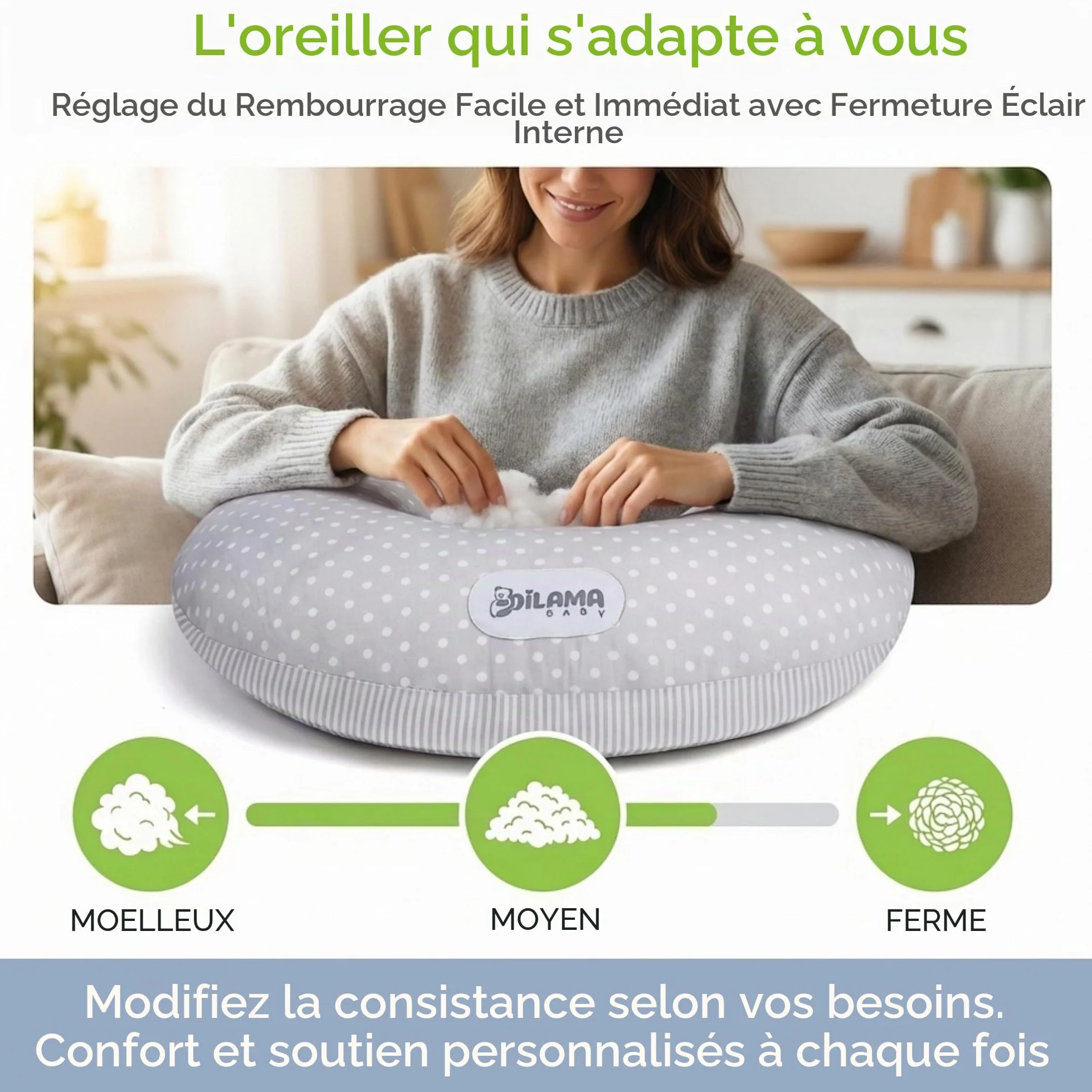 Coussin Allaitement Dilamababy 100% Coton Oeko-Tex Déhoussable Lavable