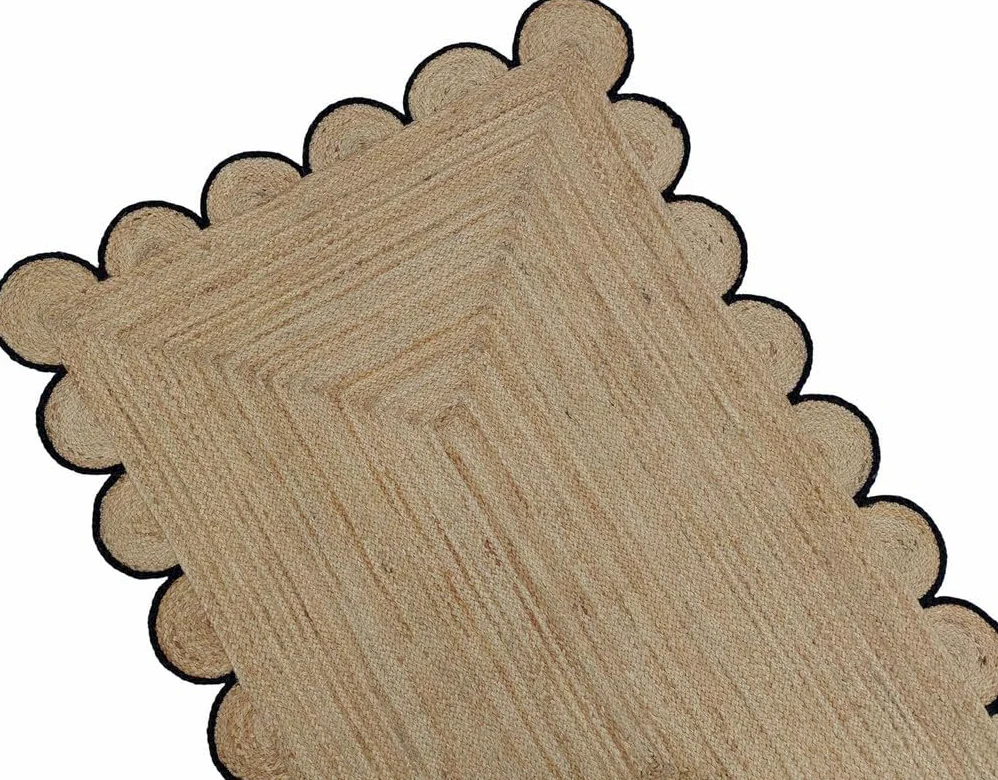Tapis festonné en jute festonné de qualité supérieure avec bordure noire, style bohème festonné à la main pour salon, chambre à coucher, entrée, décoration d'intérieur bohème