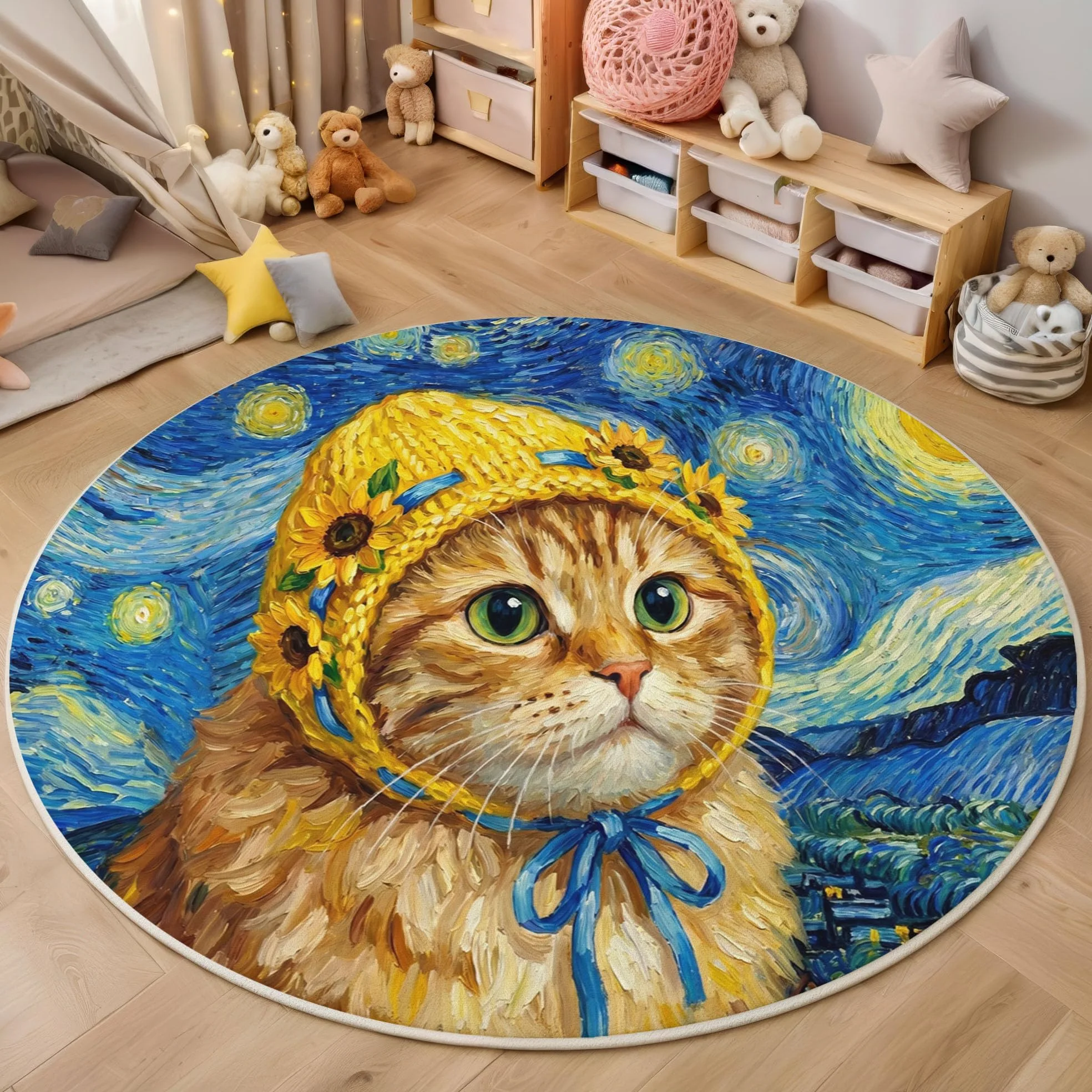 Tapis Rond Salon Lavable Peintures Humoristiques À L'Huile Animaux 100 Cm | Chats Ciel Étoilé Bleu Marine Tapis De Sol Décoration Antidérapant Pour Chambre Cuisine Salle À Manger