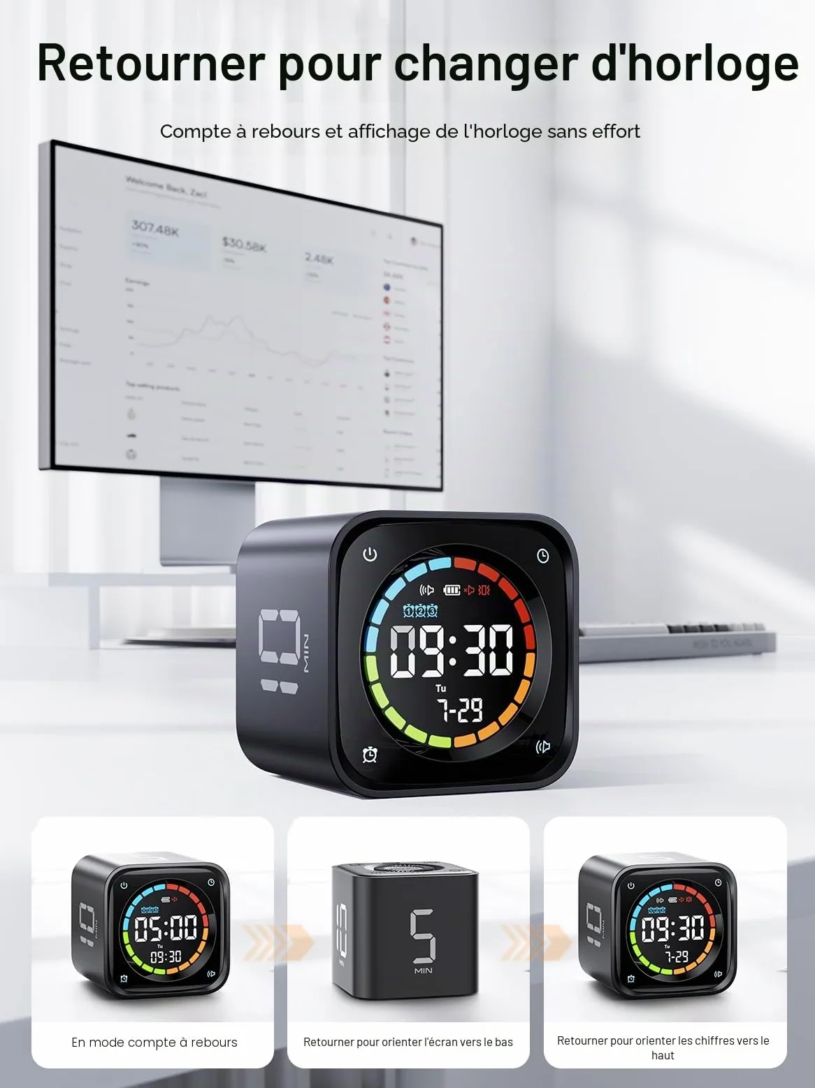 Ticktime TK3 Pomodoro Timer pour Étude, Travail, Tâches, TDAH, Cuisine | Pomodoro Timer, Flip 5/10/30/60 min Countdown, Custom Timer & Chrono, 3 Options Rappel, Écran Clair, 3 Alarmes Réglables