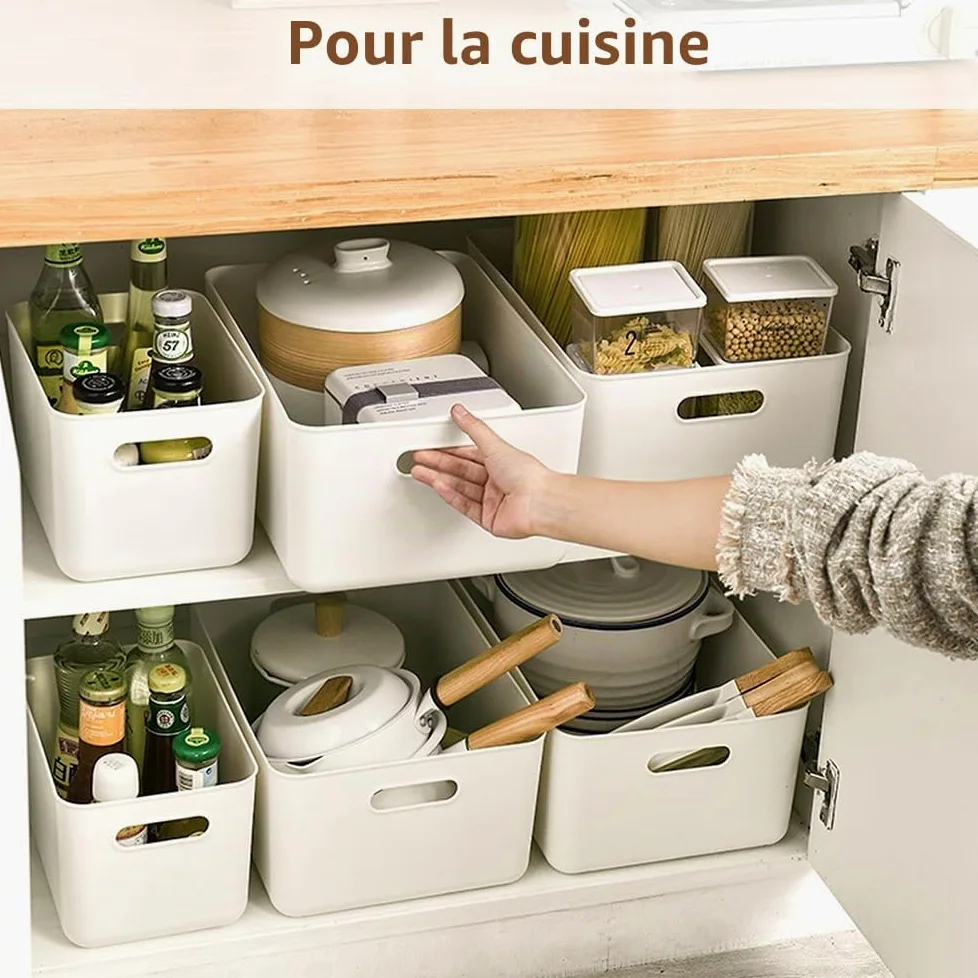 Lot de 8 boîtes de rangement avec 4 couvercles, panier rangement plastique | rangement avec poignées, boîtes de rangement multifonctionnelles pour cuisine, bureau, placard, salle de bain, jouets
