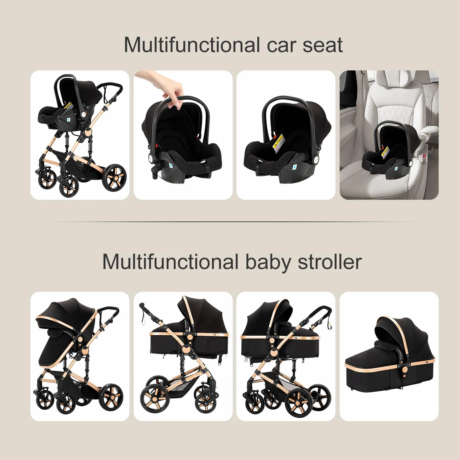 Poussette 3 en 1 Bebe Cadre Aluminium Haute Paysage Pliable Un Clic Noir Or