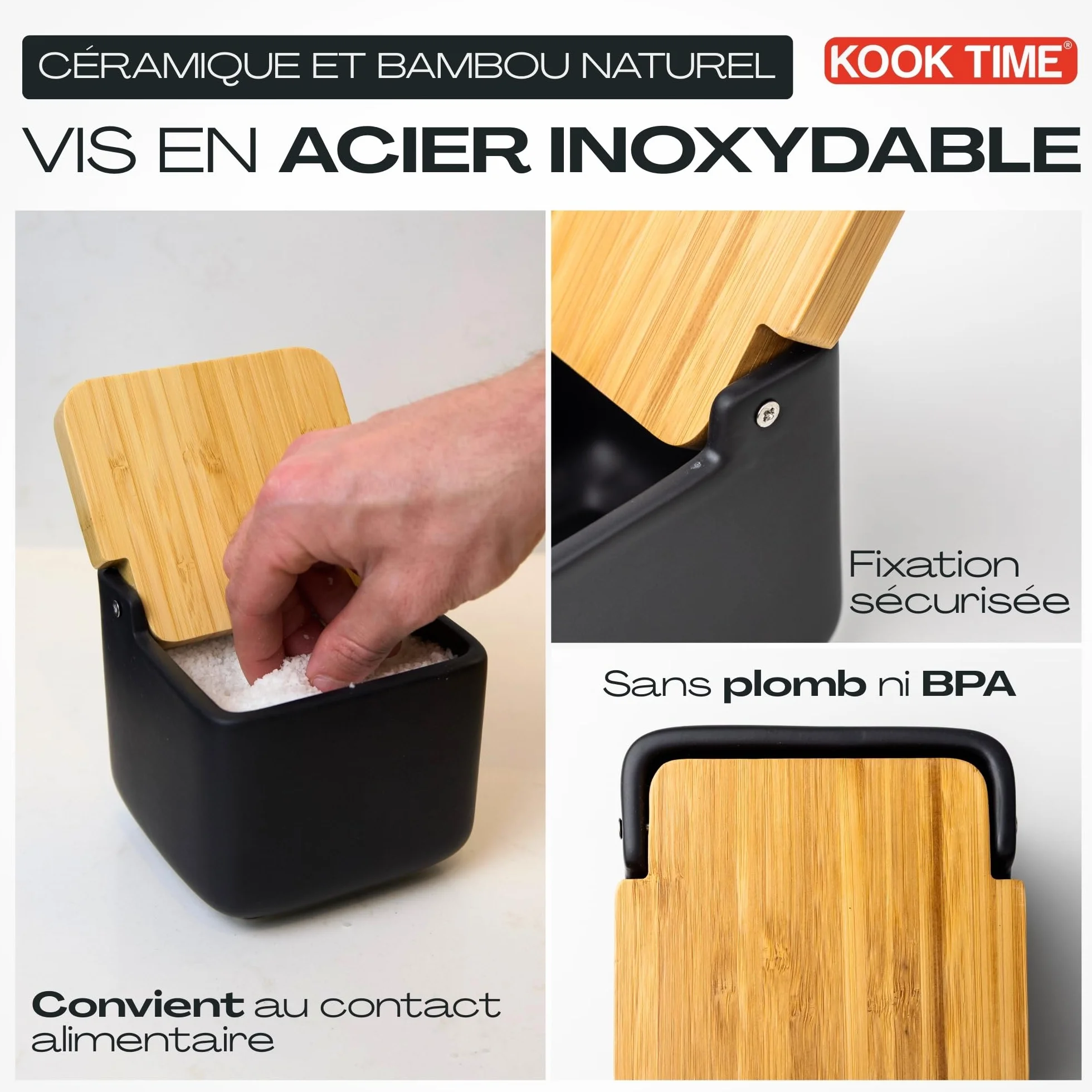 Boîte à sel cuisine céramique avec couvercle bambou 11.5 cm noir
