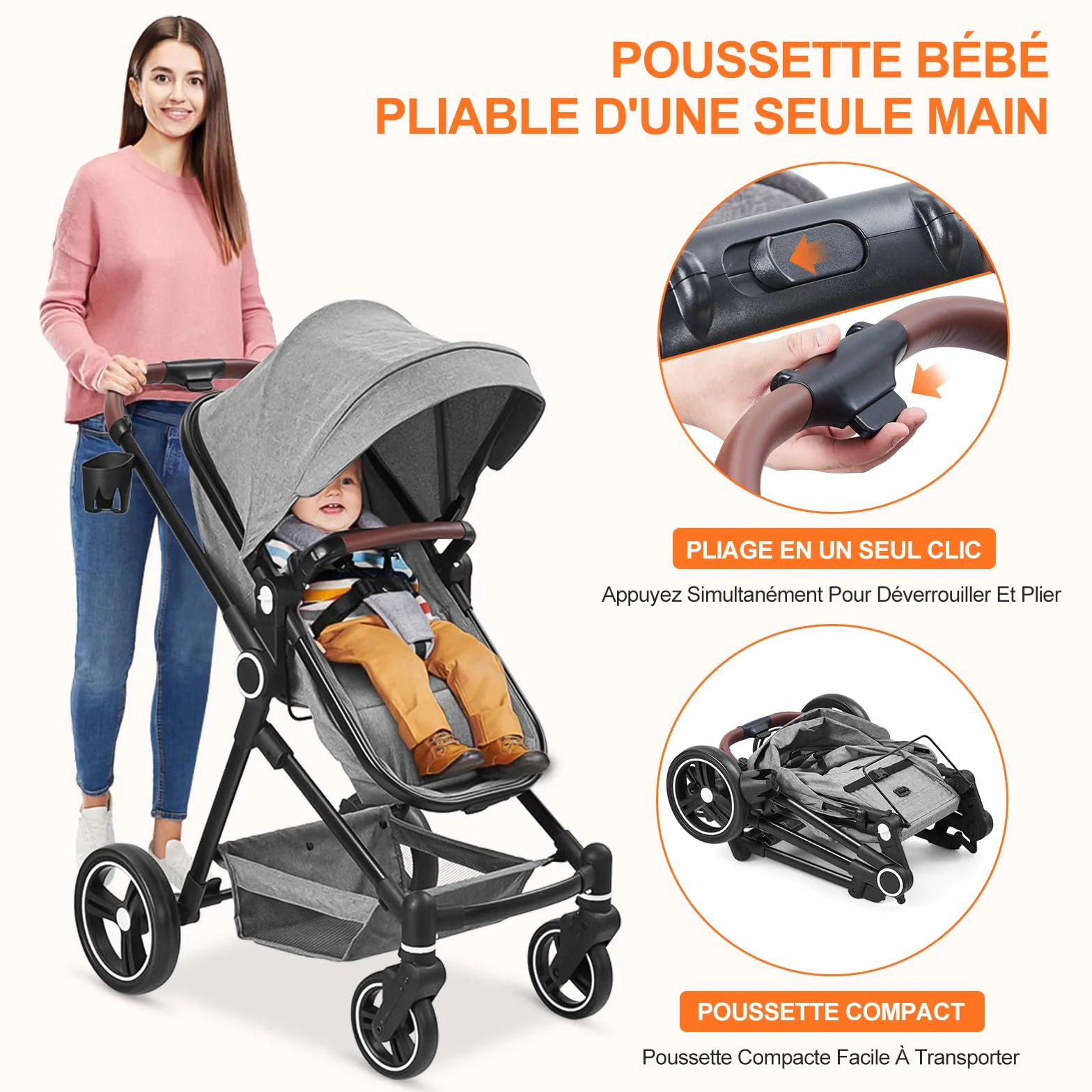 Poussette 2 en 1 Compacte Légère Pliable Siège Inclinable Landau Réglable Tout Terrain 0-3 Ans