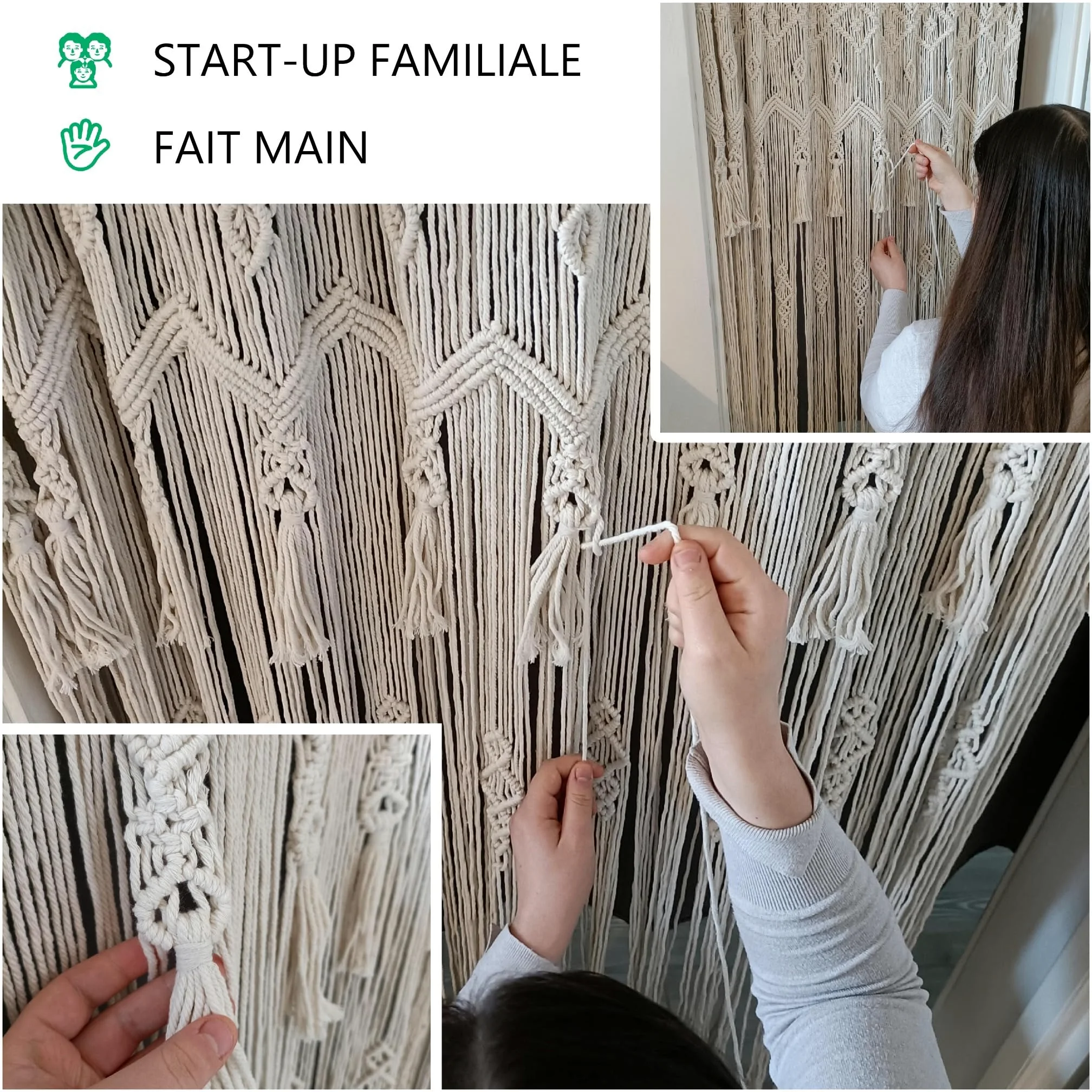 Cozyor Rideau de Porte en macramé - Style bohème - 132 x 200 cm - Séparateur de pièce - Tenture Murale et décoration - Beige - pour Arches de Mariage, Salon, Balcon - Fabriqué à la Main