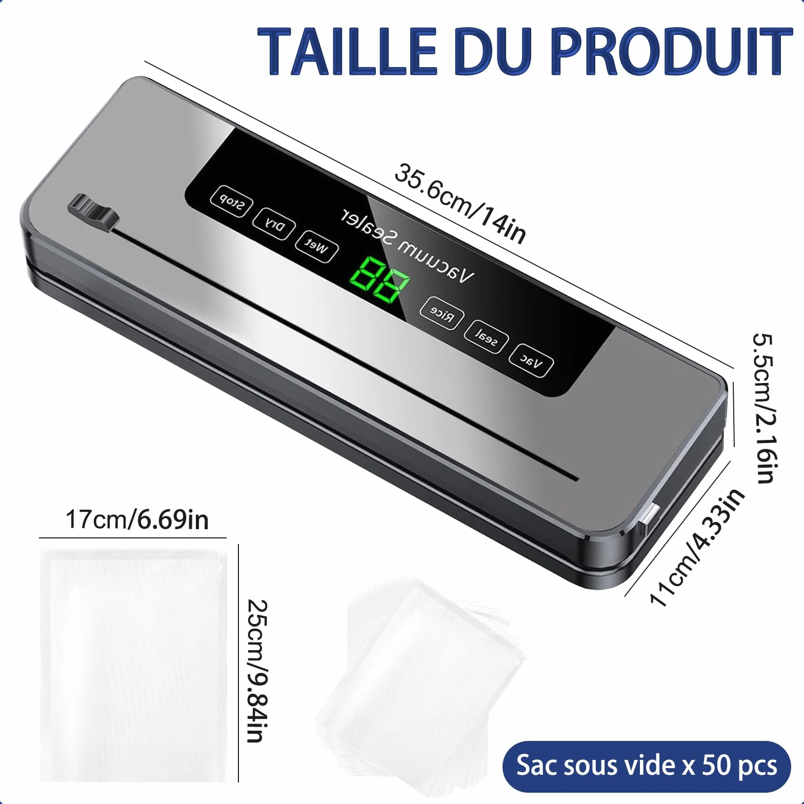 Machine Sous Vide Alimentaire 5 en 1 avec 50 Sacs, Mode Humide et Sec
