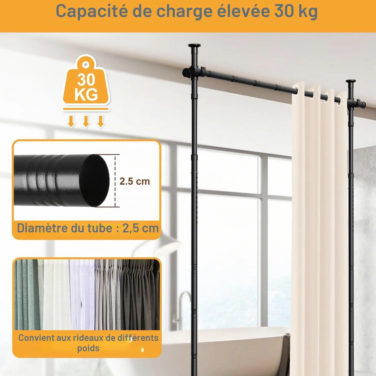 Séparateur de pièce sans perçage, tringle de rideau réglable comme structure de paravent, séparateur d'espace autonome sans rideau, L 70-177 cm x H 122-305 cm, protection des regards pour salon