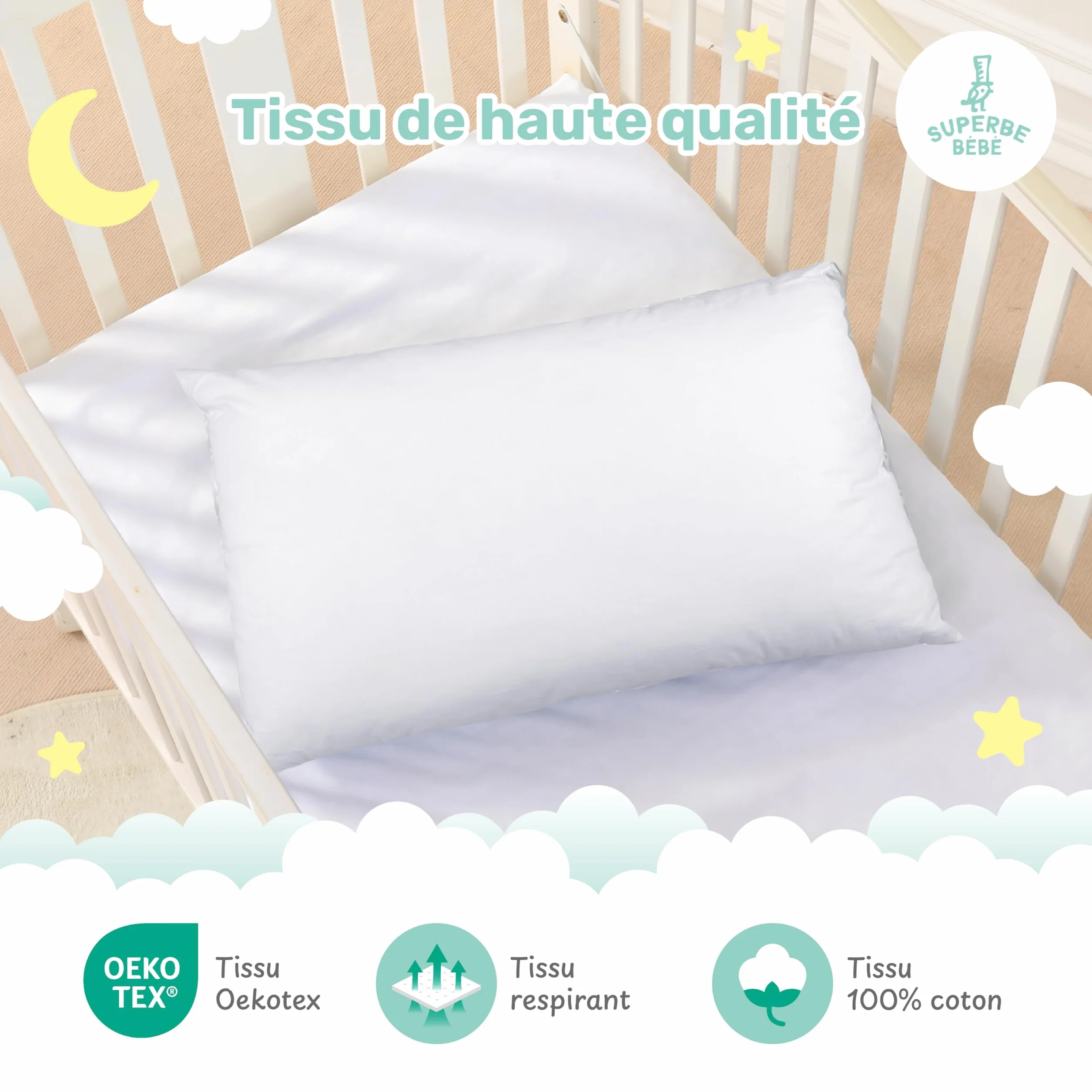 Oreiller Enfant 40x60 cm Coton Oeko-TEX Coussin Bebe Hypoallergénique Lavable en Machine