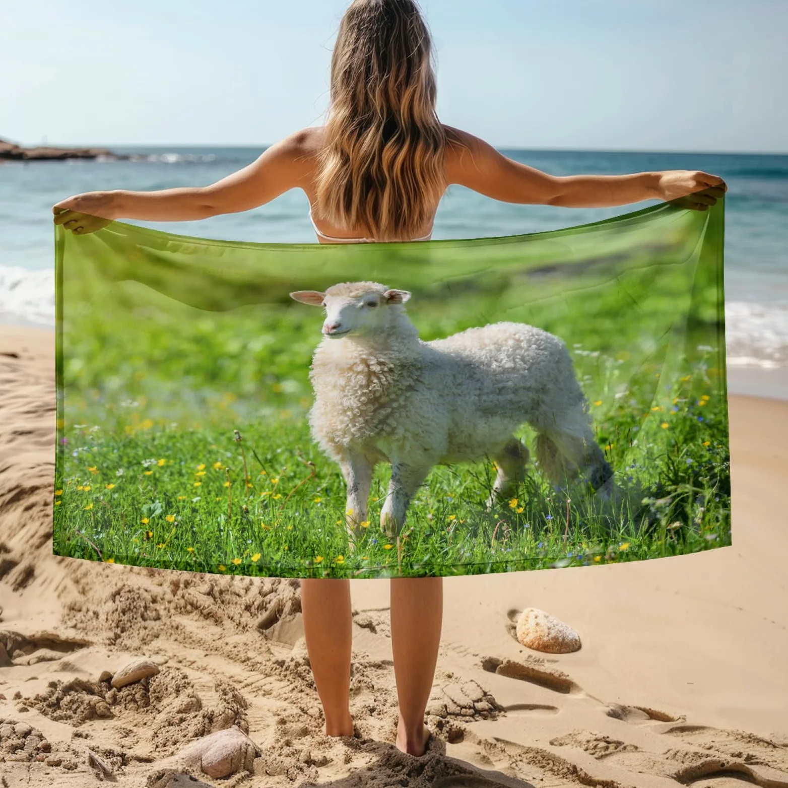 Serviette de Plage Moutons Verts Herbe Serviette de Bain Sport Piscine Toilette Microfibre Piscine Anti Sable Drap de Plage Bain xxl Ultraléger Portable Towel Absorbant Séchage Rapide 200x220cm