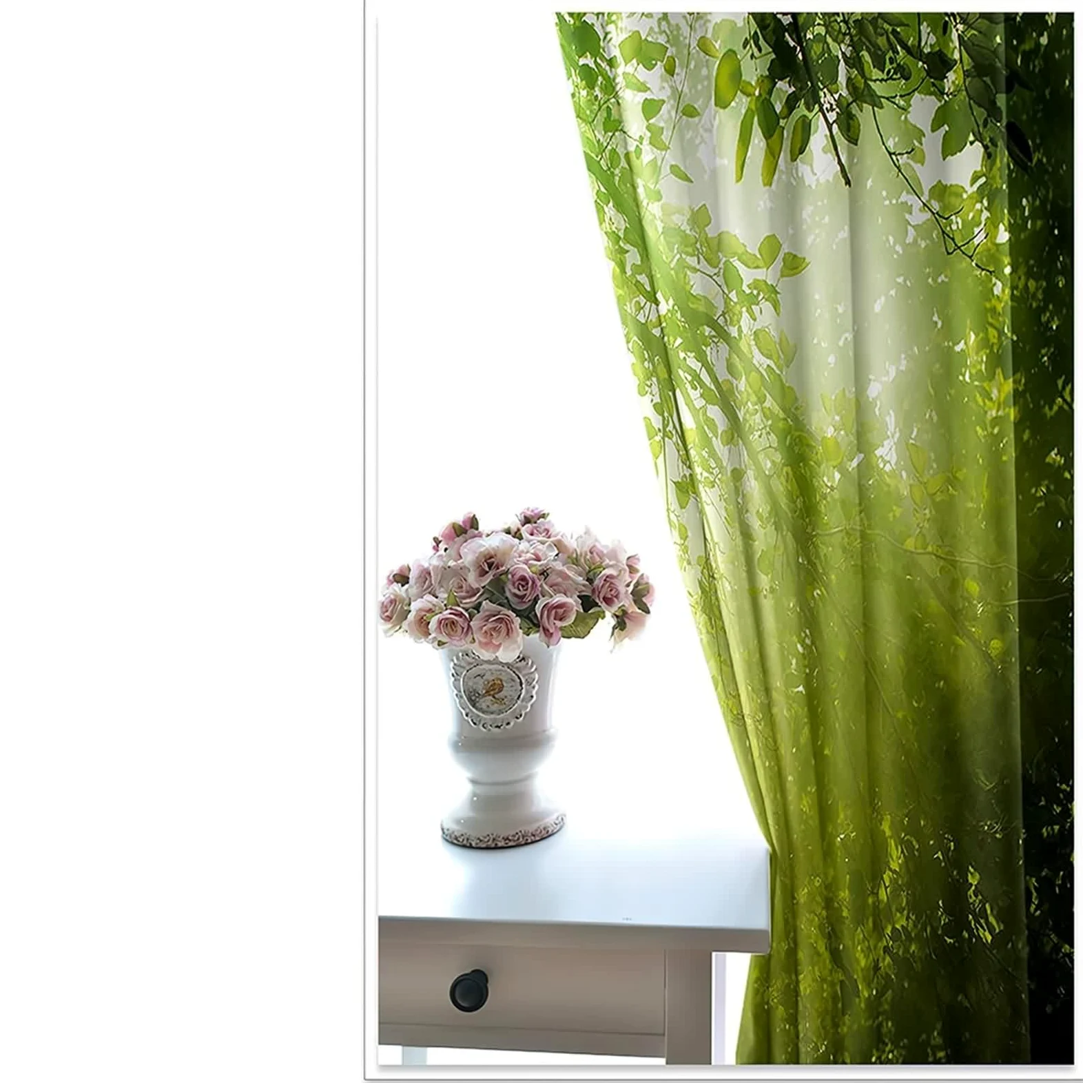 Rideau Stof Polyester, Rideau Anniversaire Vert Branches et Soleil Décoration Chambre Salon 102L x 214H CM Lot de 2