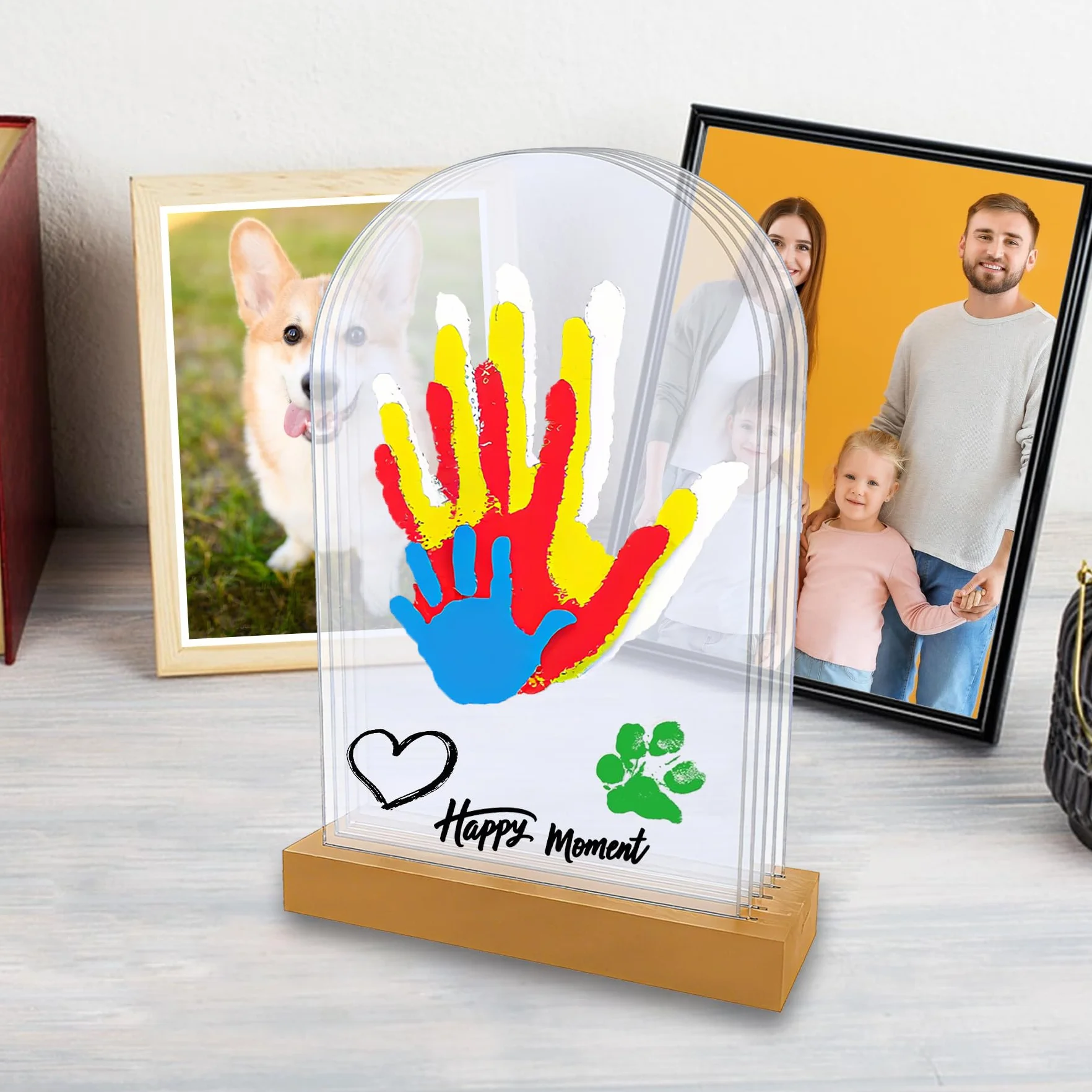Kit d'empreintes de Mains et Pied Bébé 5 Panneaux Plexiglas Base Bois Souvenir DIY