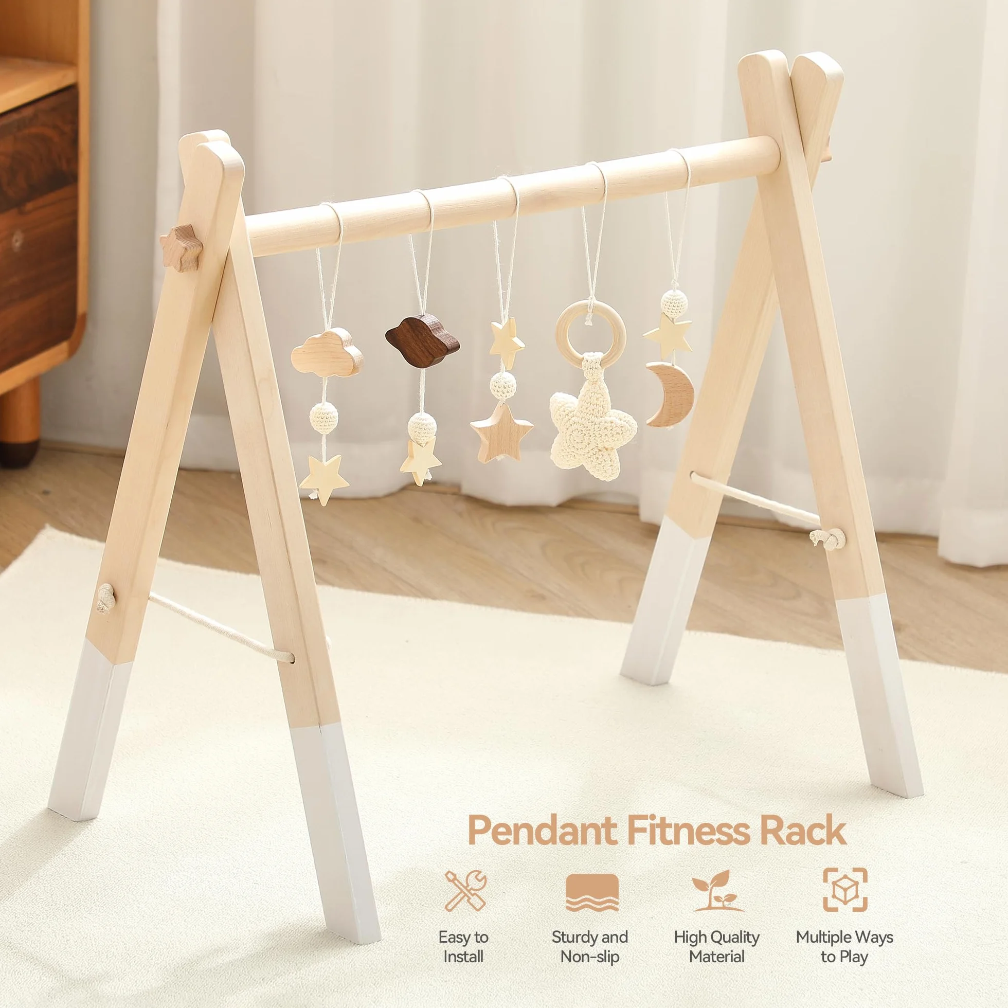Arche de Jeu Bébé Bois Centre d'Activité Bébé Beige Etoiles Design Amovible