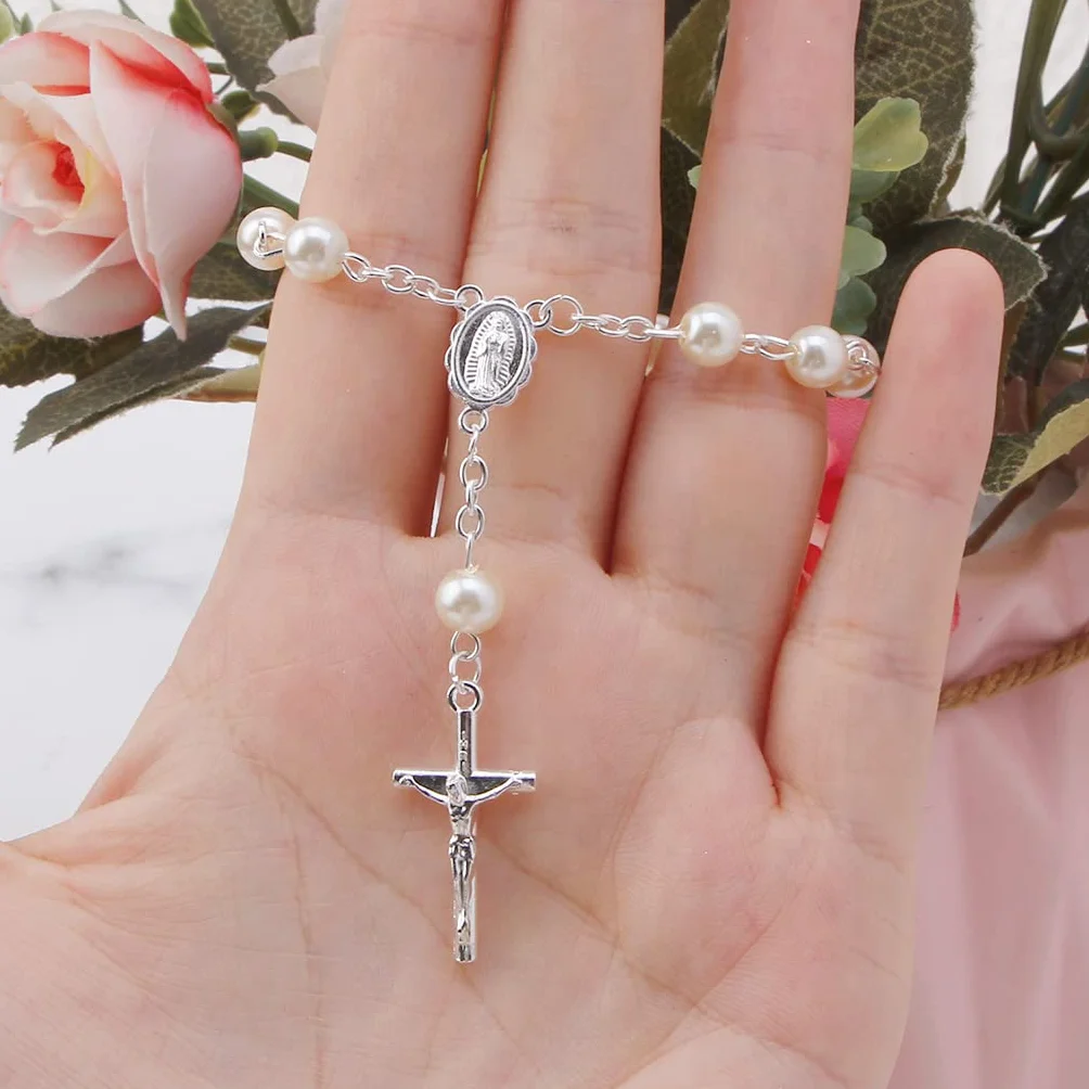 Baptême Mini Chapelet Ivoire Faux Perles Bracelet Croix