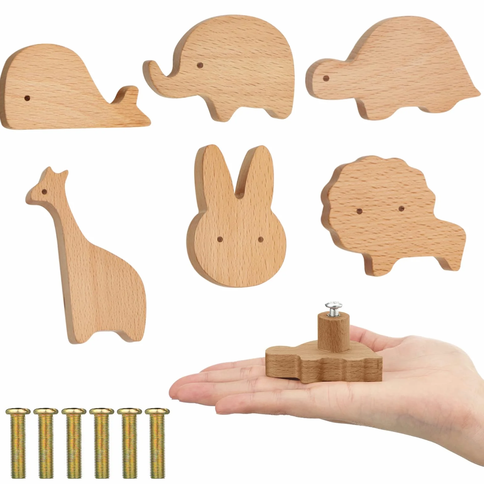 Boutons de Tiroir en Bois Massif, 6 Pièces Poignées de Meubles en Bois Pour Animaux, Boutons de Porte d'Armoire