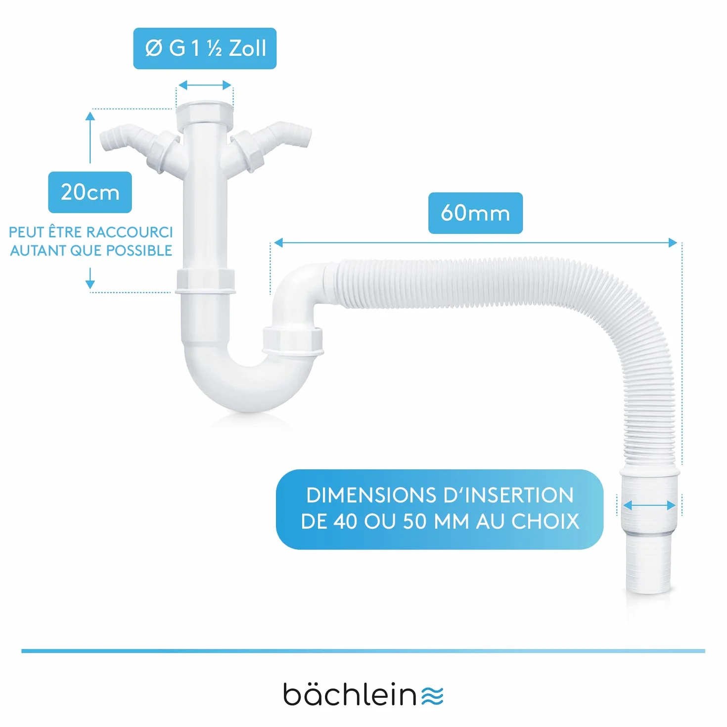 Bächlein Siphon Tubulaire Flexible Pour Évier de Cuisine - Raccord Universel G 1 1/2"