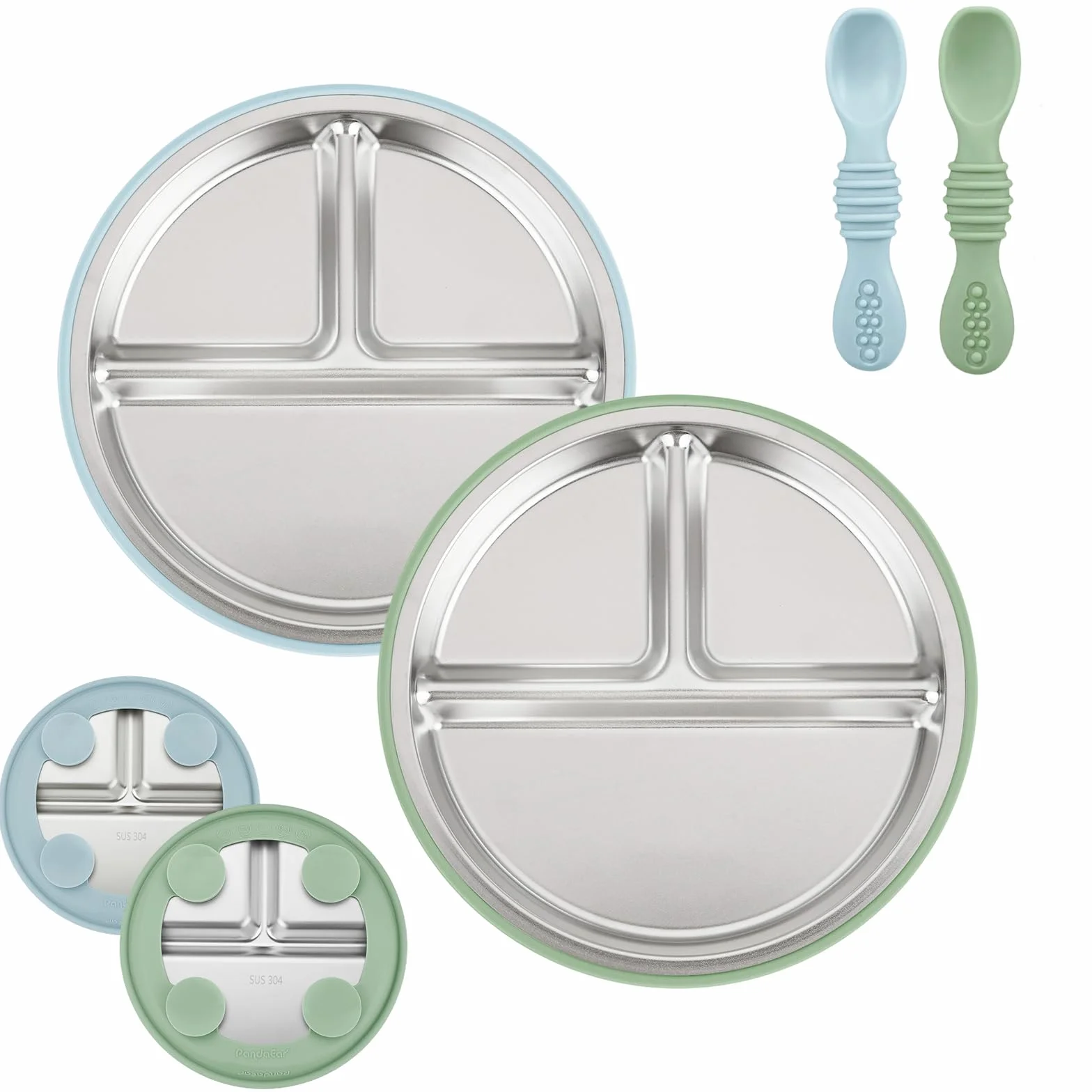 PandaEar Lot De 2 Assiettes Bébé En Acier Inoxydable Avec Ventouse Et 2 Cuillères, Set D’Alimentation Pour Bébé Et Tout-Petit, Assiettes Compartimentées Pour La DME, Sans BPA (Bleu/Vert)
