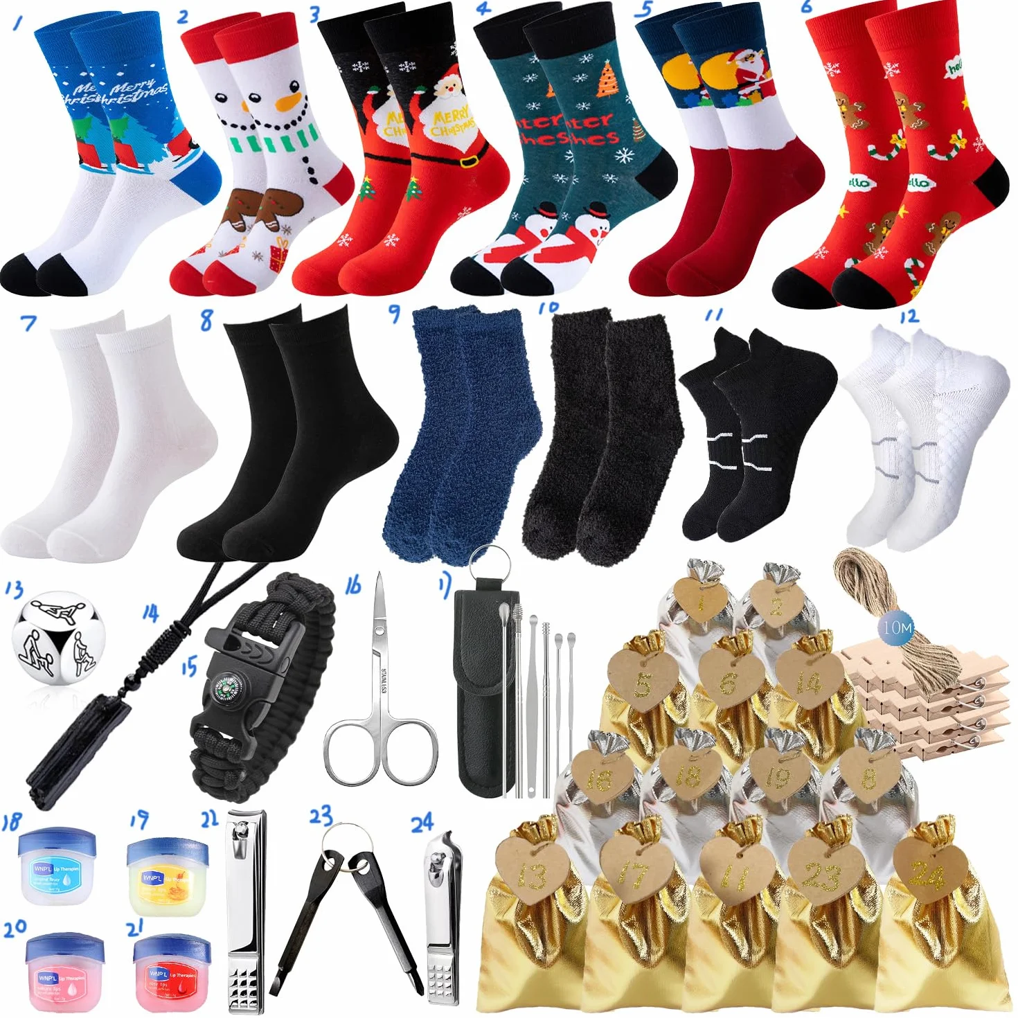 Calendrier de l'Avent Homme Adulte Bricolage Outils Chaussettes Noel Boussole Nettoyage Cadeau