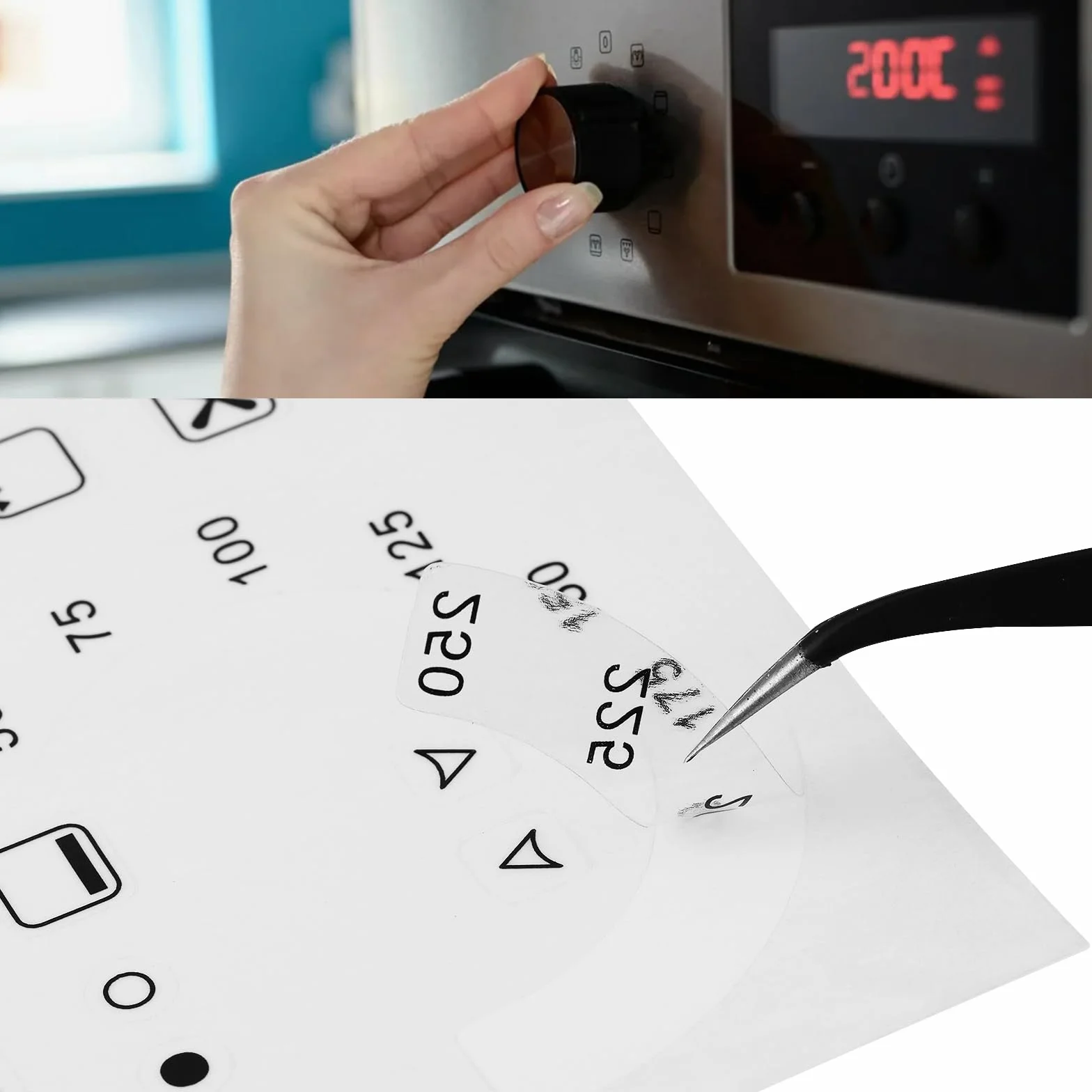 Lot de 4 autocollants pour cadran de température et de fonction du four 50 à 250 °C + 18 autocollants en vinyle laminé transparent