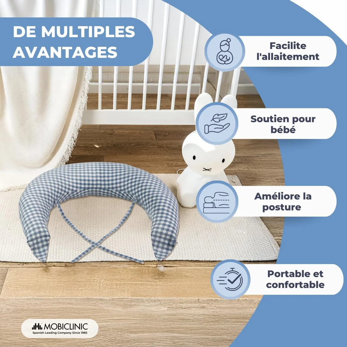 Mobiclinic® Coussin Allaitement et Grossesse XXL 3 en 1 Housse 100% Coton 150 cm Sangles Réglables Amovible Lavable