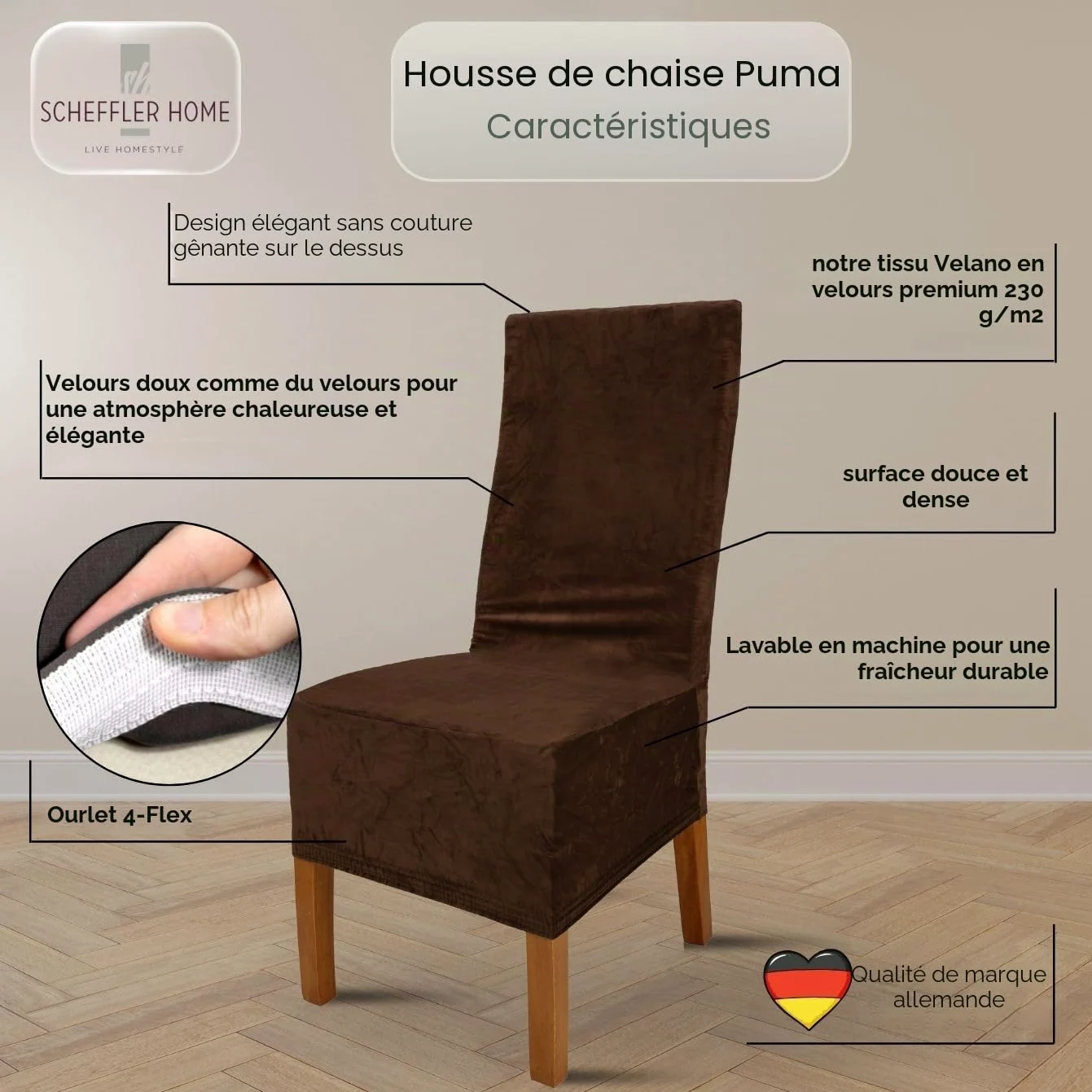 SCHEFFLER-Home Housse de Chaise Extensible « Puma Velvet » / Lot de 4 / Marron/Housses de siège élastiques en Velours/Housses de Chaise pour Chaise Luge