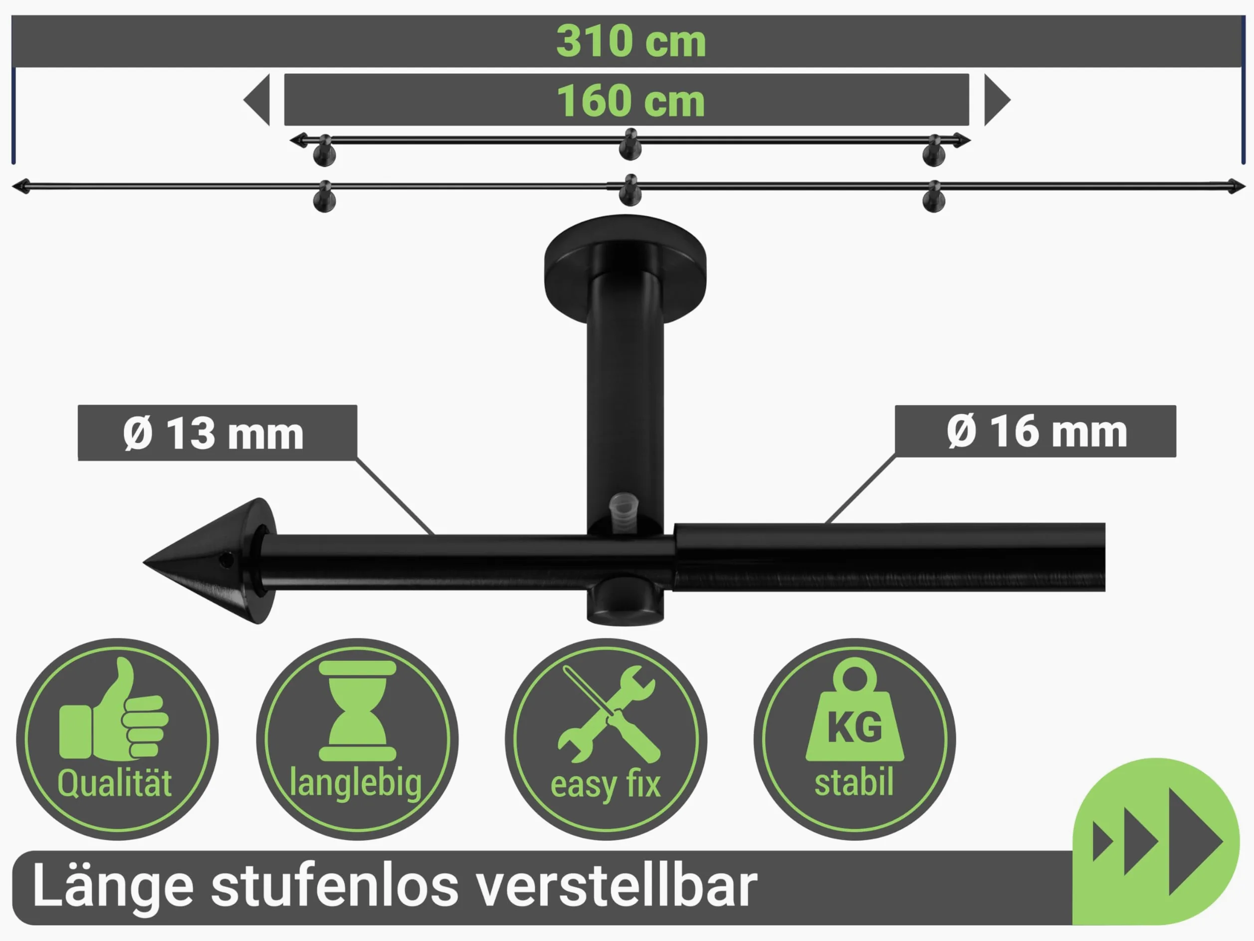 Tringle a rideaux télescopique noir 160-310 cm - Tringle rideau extensible et réglable, également utilisable comme tringle de douche - Embouts cône