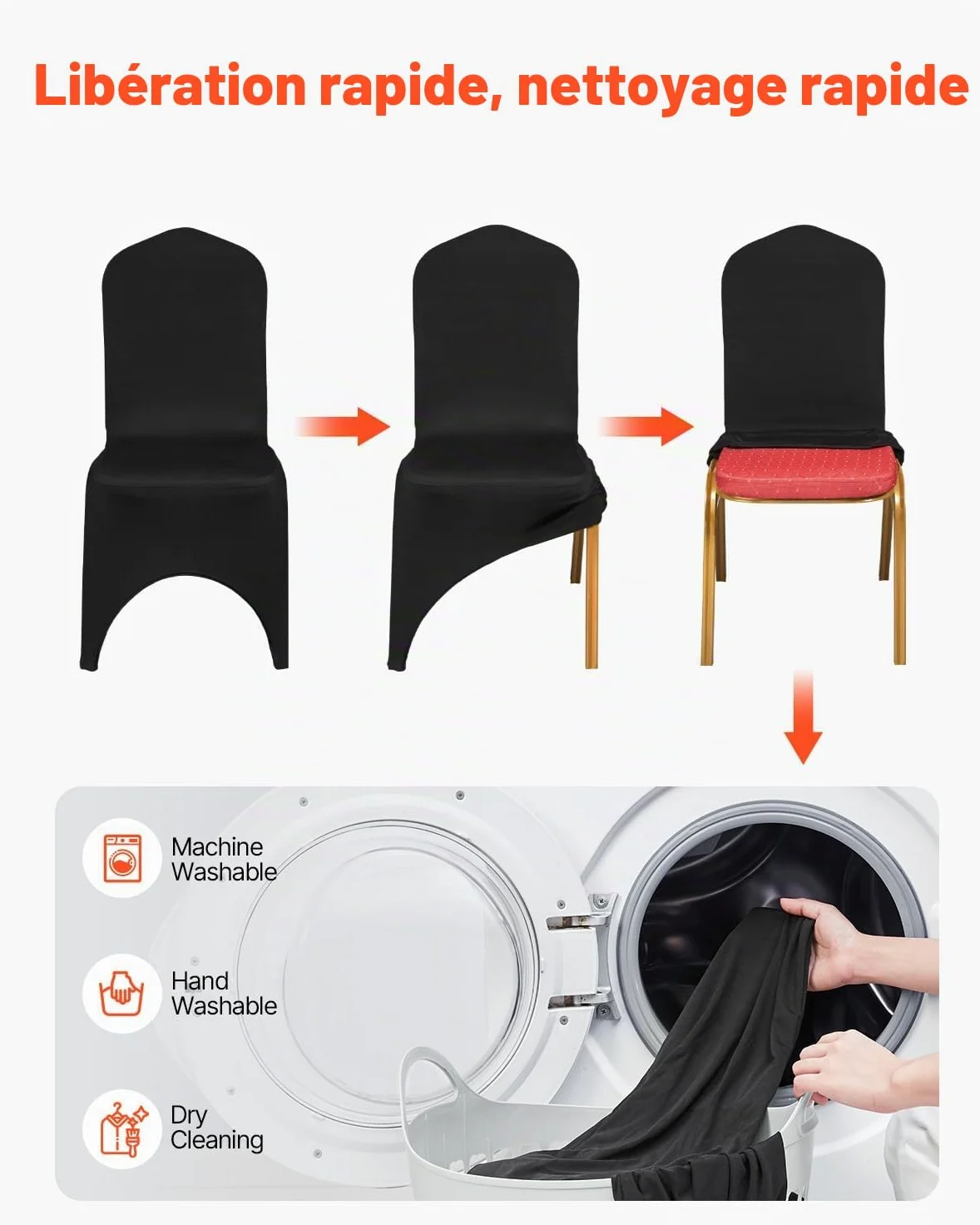 VEVOR Housses de Chaise Pliantes en Élasthanne Élastique, Couverture de Chaise Avant Arquée Universelle, Amovibles et Lavables, pour Mariage, Banquet, Fête, Célébration, Salle à Manger 100PCs Noir