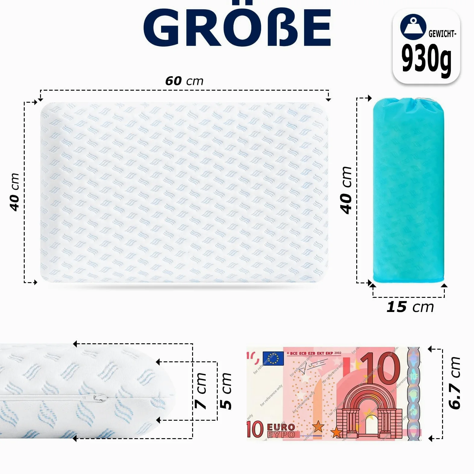 Oreiller en mousse à mémoire de forme, super fin, 40 x 60 x 7 cm, doux pour un sommeil réparateur, avec sac pour les voyages, le yoga, la méditation, avec housse lavable