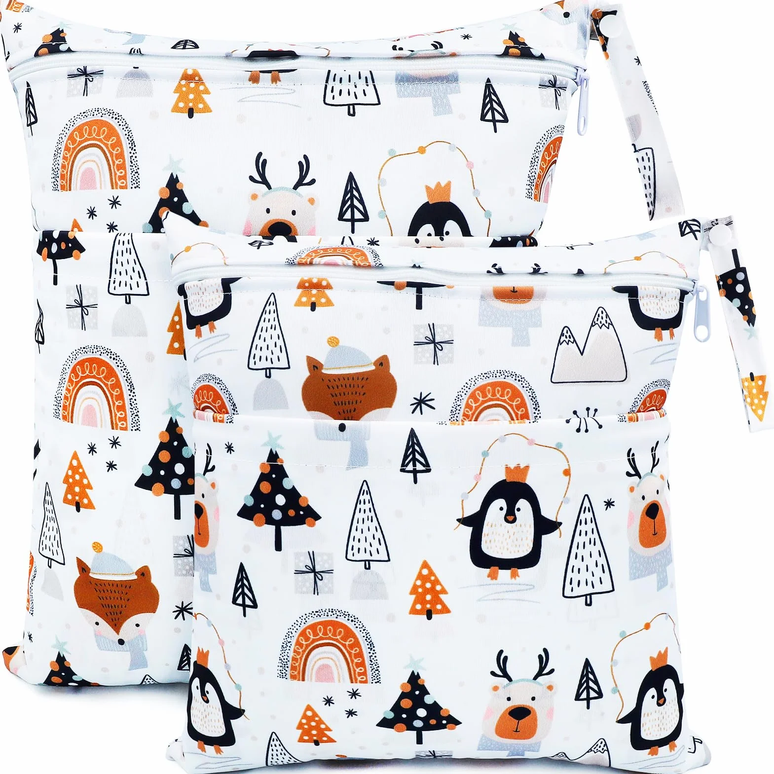 Sac à Couches Lavable 2 Pcs Wetbag Réutilisable Etanche Organisateur Double Fermeture Eclair Sac à Langer Bébé Voyage Plage Pingouin Blanc