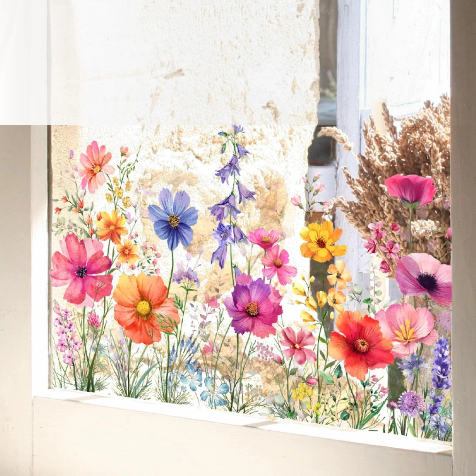 Stickers Fenêtre FLEURS en VASES Multicolore 30x60 cm Autocollants Réutilisables pour Salon