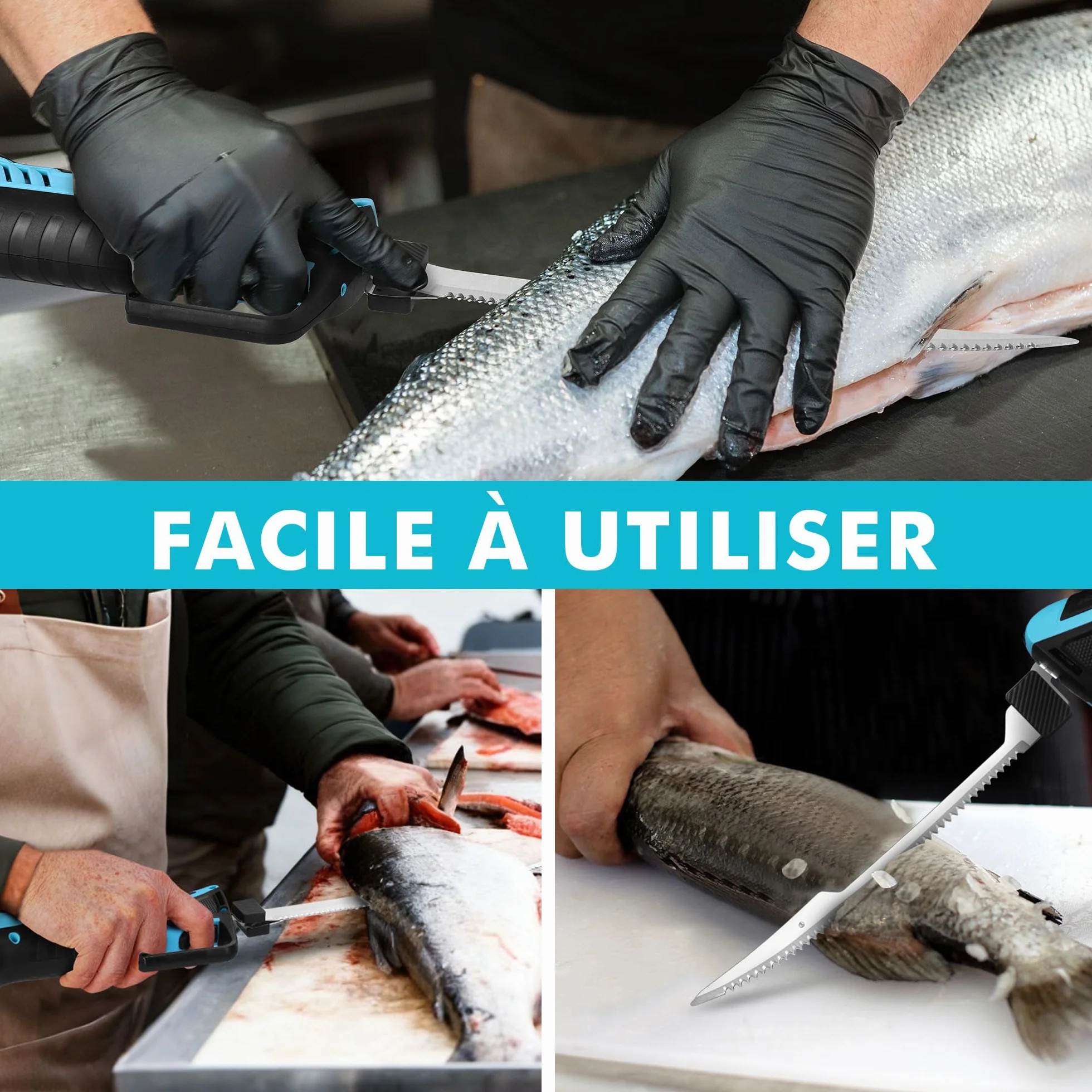 DURATECH Couteau à Filet Électrique sans Fil Rechargeable 2 Lames 20cm/25cm Poignée Antidérapante Verrou de Sécurité LED