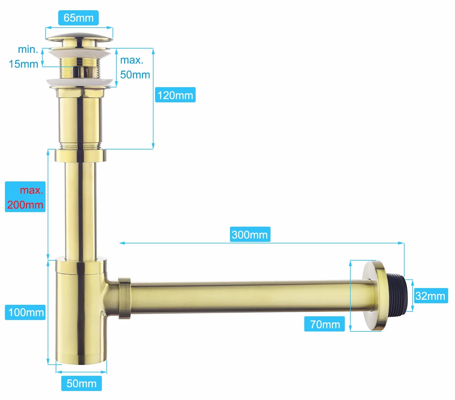 Kit Siphon Lavabo Or Brossé avec Bonde Trop-plein 1 1/4 Laiton Anti-Odeur Universel