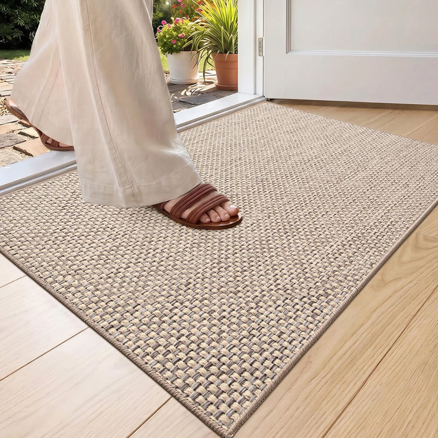 COLOR&GEOMETRY Tapis de Porte Antidérapant 44x75cm Absorbant l'eau Lavable Beige