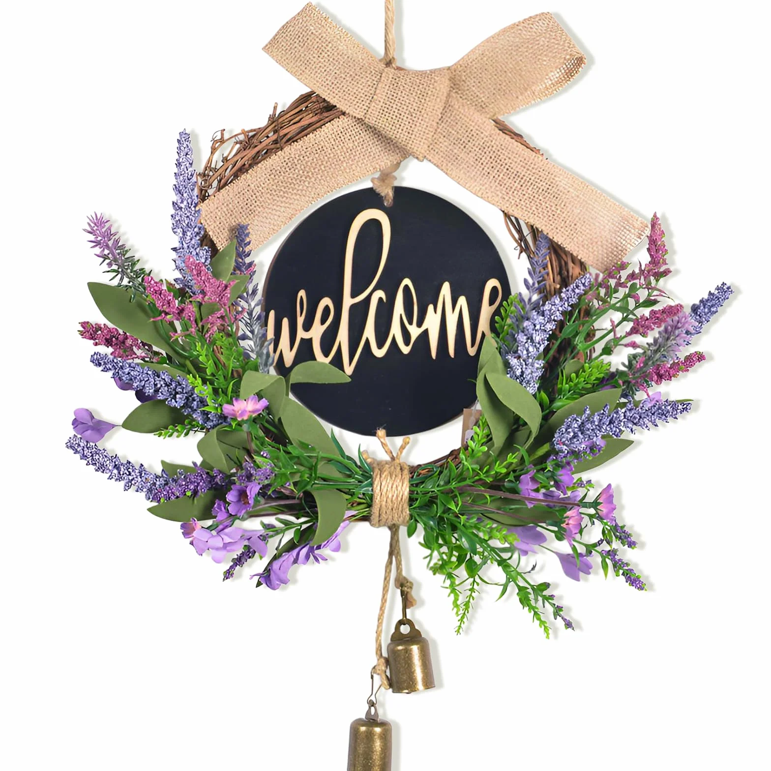 Couronne de Porte Printemps Lavande Artificielle 40cm avec Panneau Welcome, Arcs et Cloches