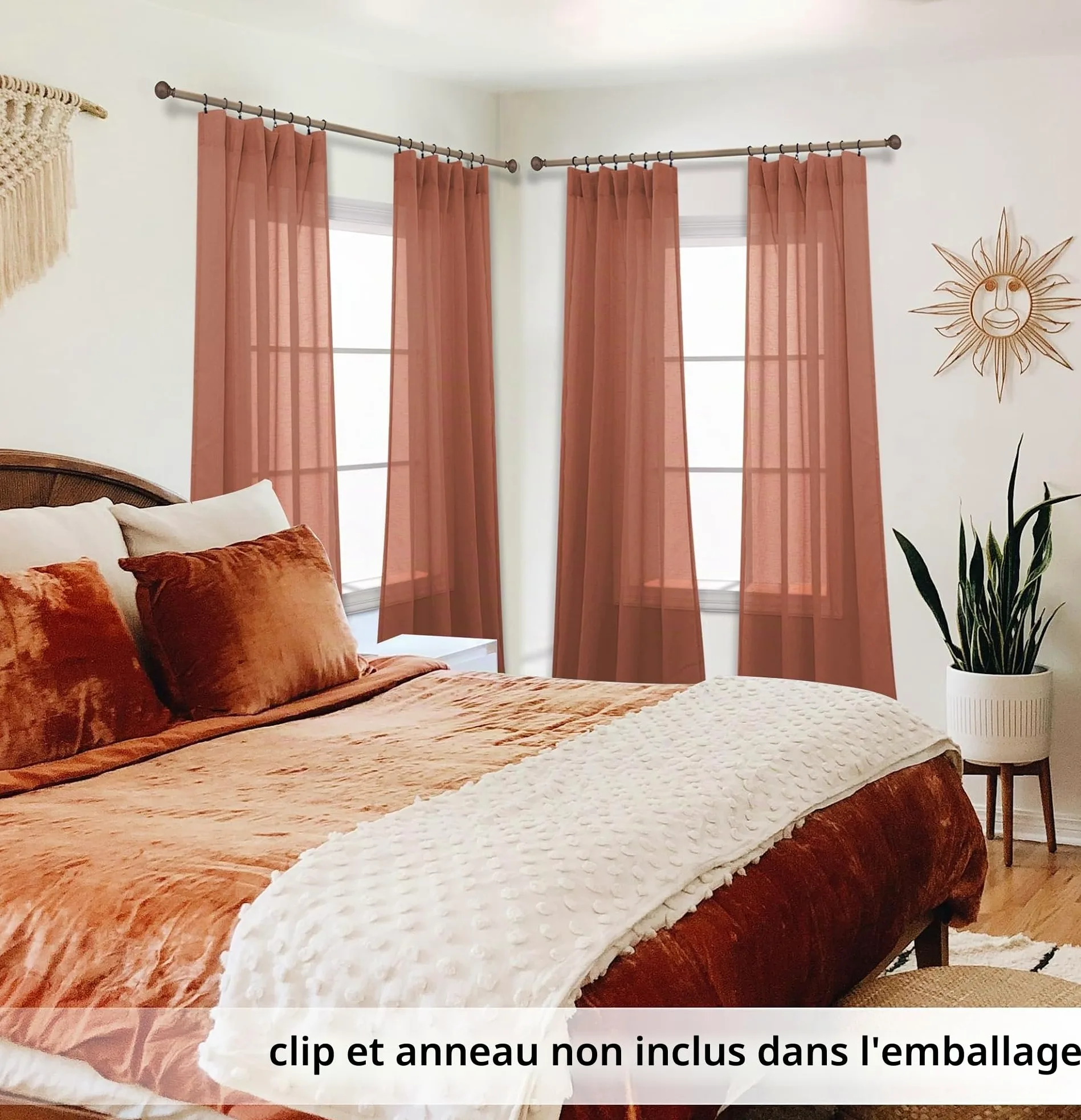 Lot de 2 Rideaux Semi-Transparents en Lin synthétique avec Passe-Tringle pour Chambre à Coucher et Chambre à Coucher (Terre Cuite) – 213 x 213 cm de Long – Orange brûlé