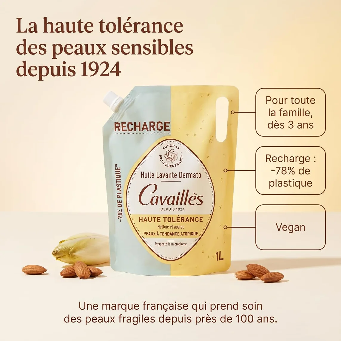 Cavaillès Recharge Huile Lavante Dermato Haute Tolérance Lot de 2x1L Peaux Sensibles Atopique Surgras Végétal Inuline Sans Savon