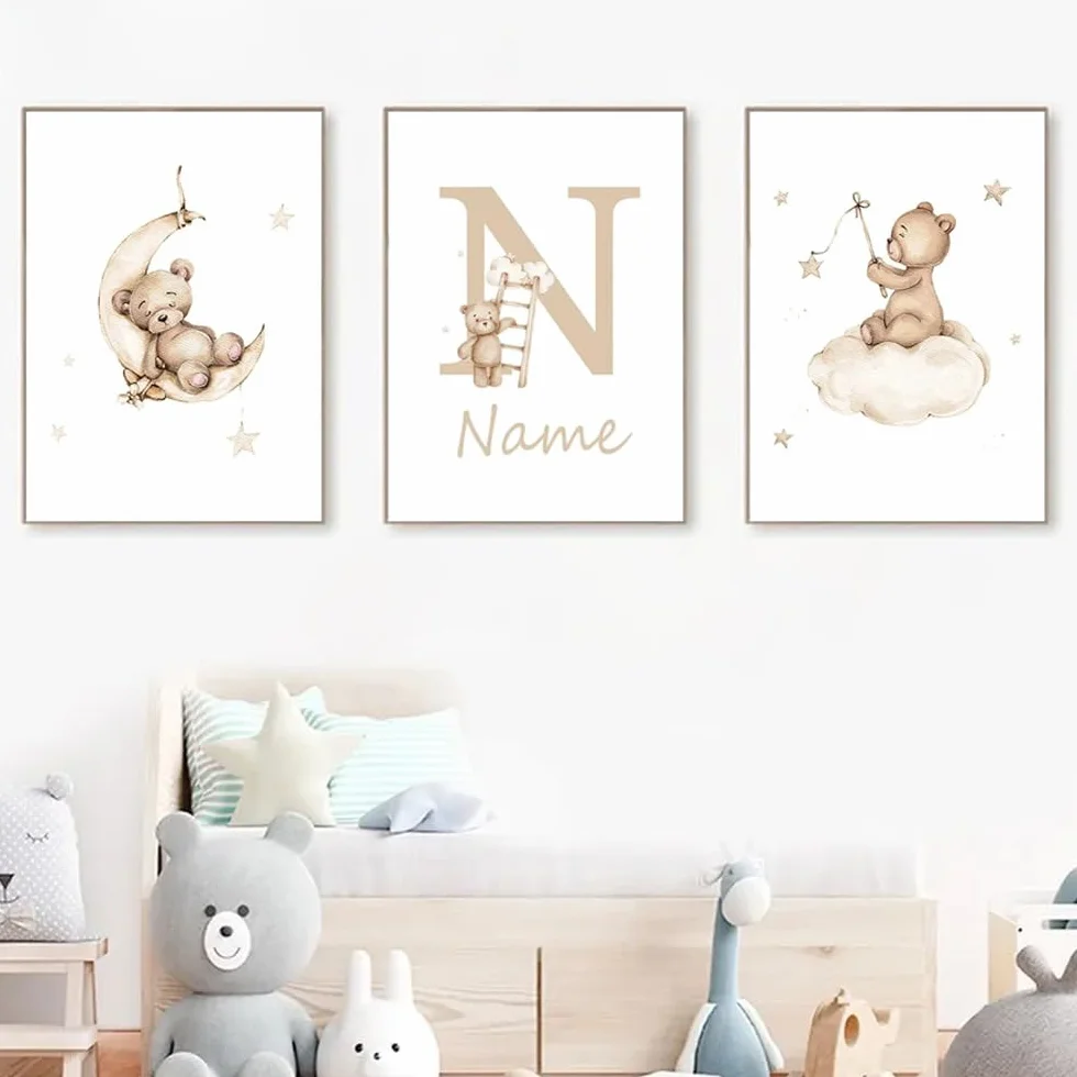 Affiche Ourson Chambre Bébé 30x40cm Tableau Personnalisé Prénom Enfant Poster Mural Nuage Toile Animaux Garçon Beige