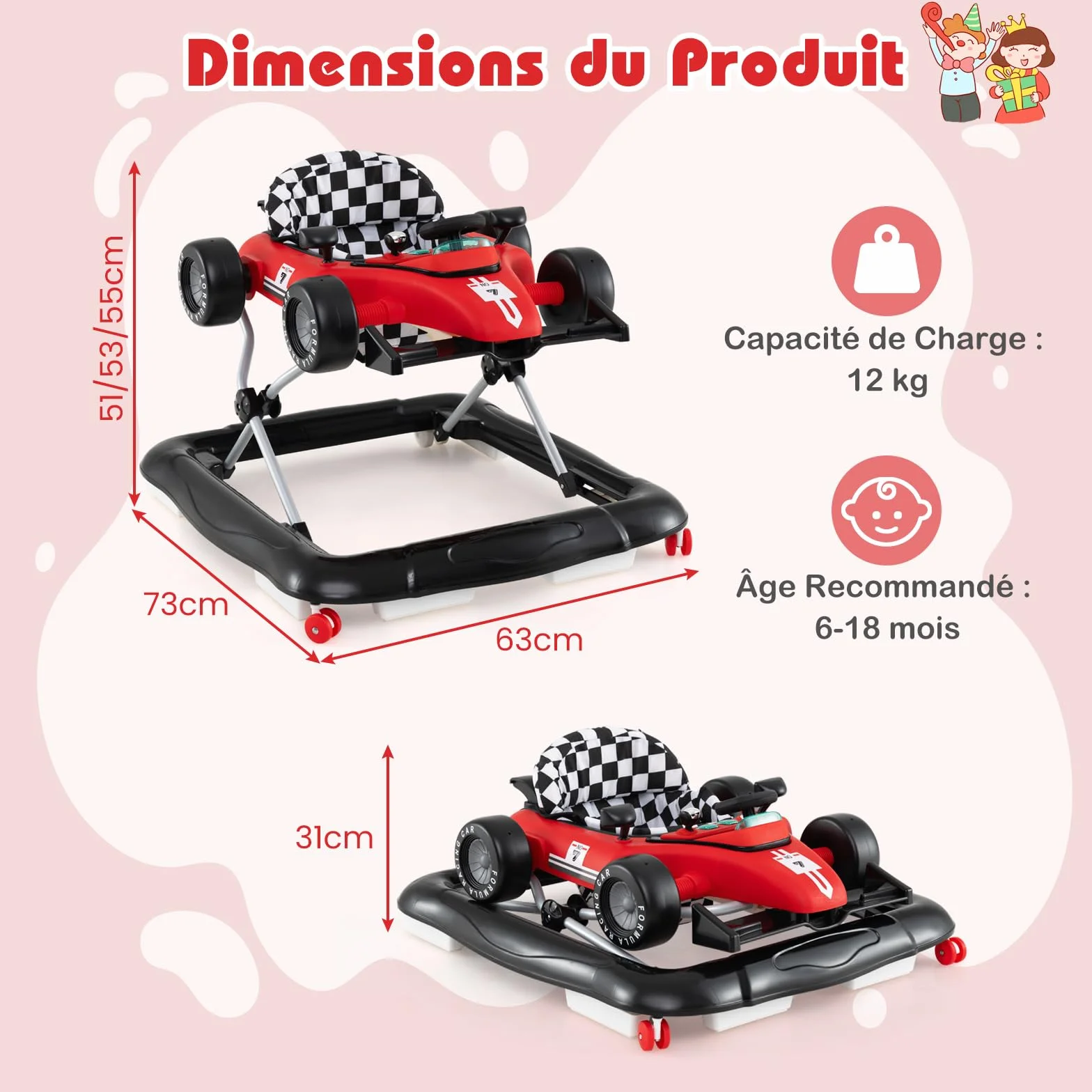COSTWAY Trotteur Bébé Garçon Fille 3 Hauteur Réglable Pliable Évolutif Boîte à Musique Amovible Volant Roues Silencieuses Charge 12kg 6-18 Mois