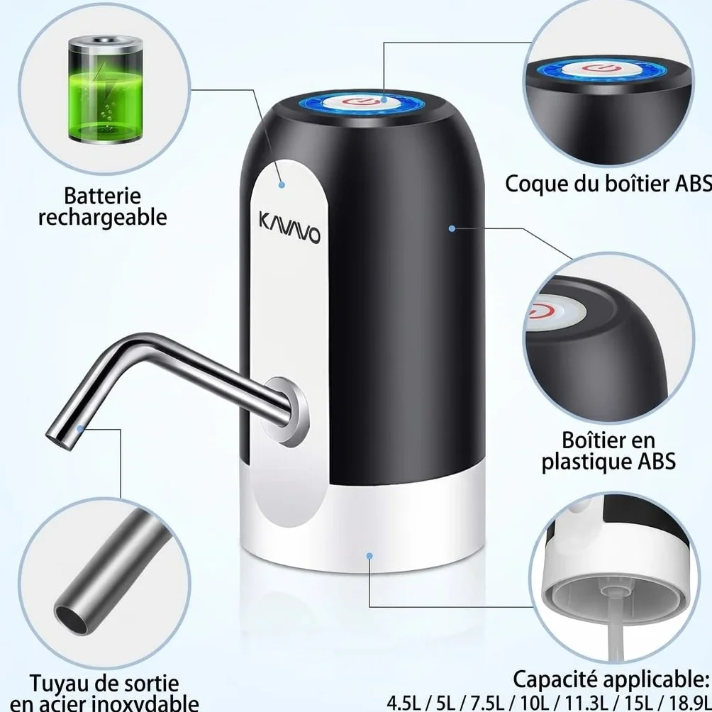 Pompe à Bouteille d’Eau Électrique Portable, 2 Adaptateurs, 2 Tuyaux, Silicone, Plastique, Noir Blanc