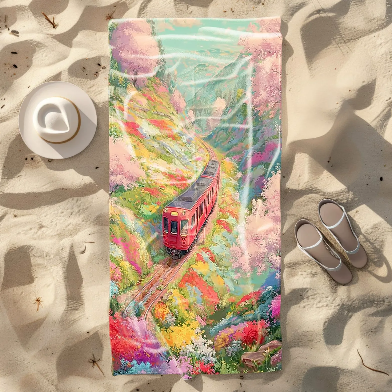 Tapis de Plage XXL Anti Sable Train, Fleurs Roses Serviette Piscine Adulte,Natte De Plage Pliable, Voyage Accessoires De Plage Camping,Serviette de Bain Personnalisée