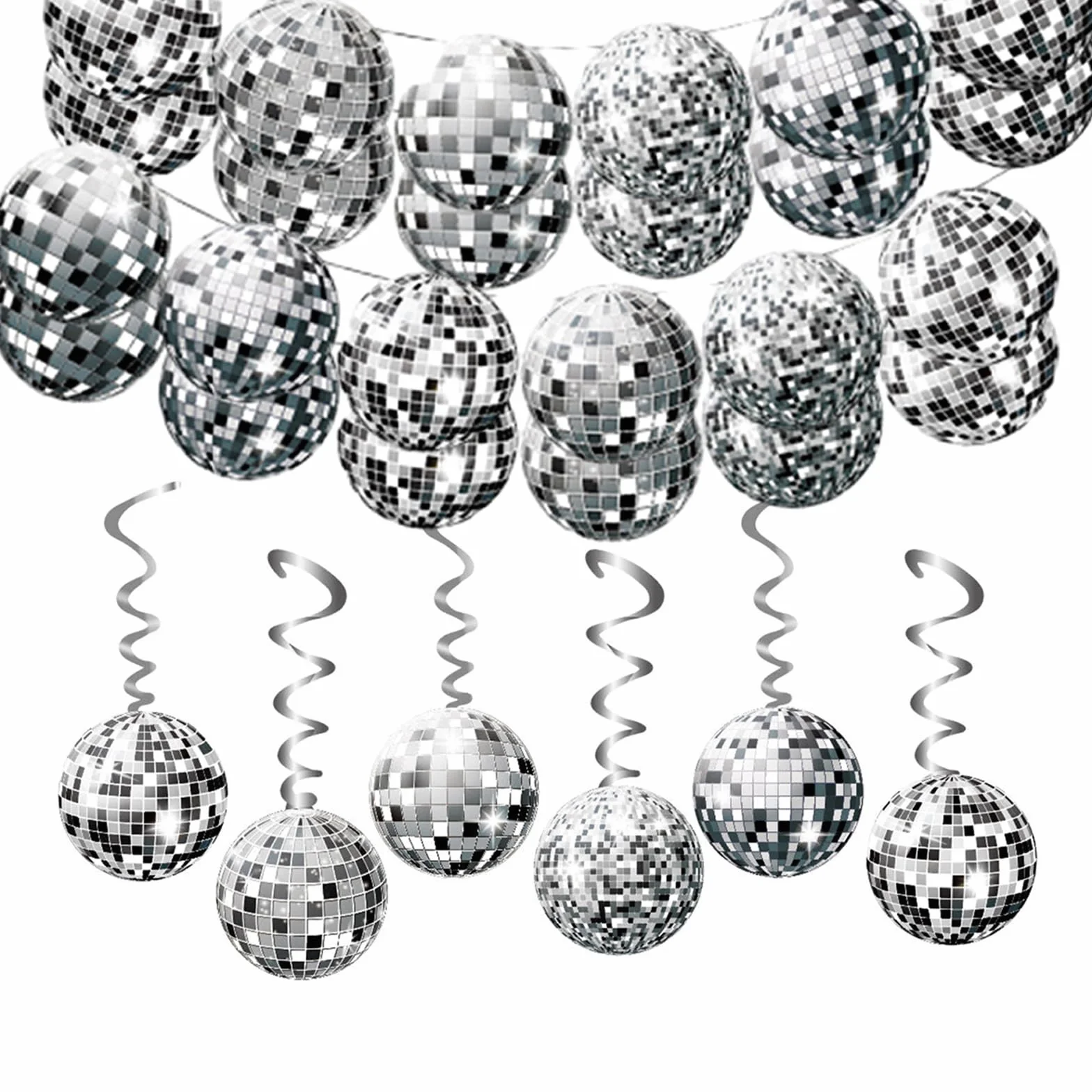 Guirlande Décoration Disco 2 Bannières Boules Paillettes Argentées 6 Spirales Suspendues Fête Années 70 80 90
